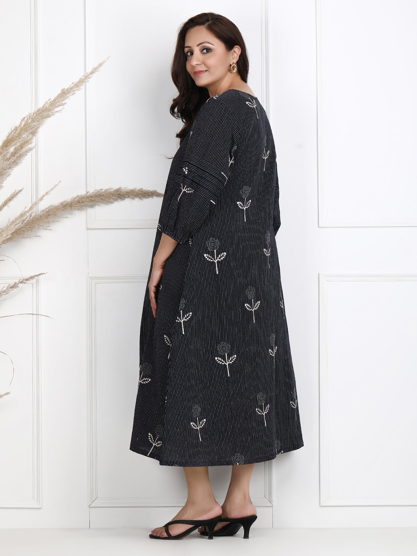 kantha work cotton dress for women in black