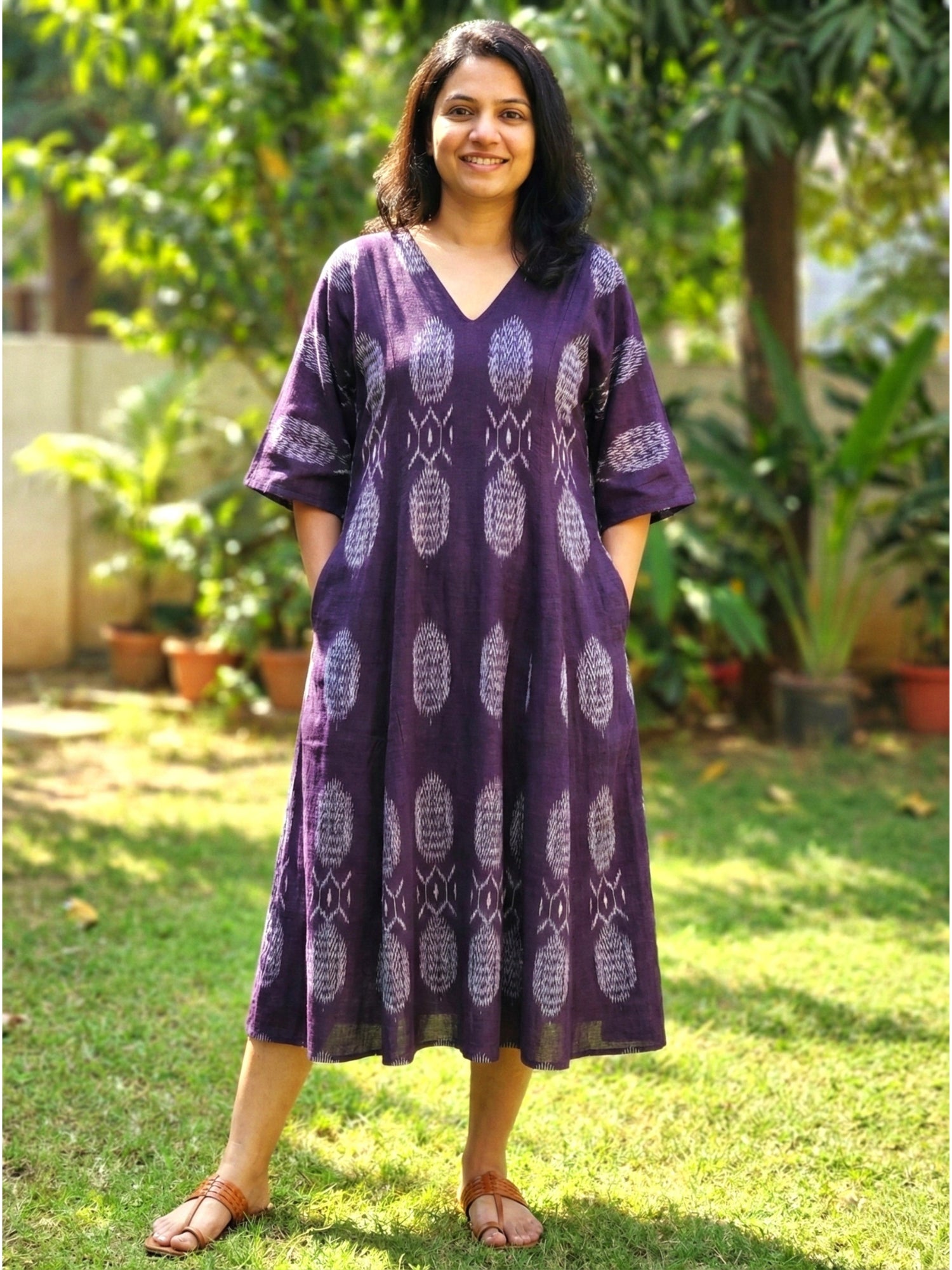 white christmas dresses Purple Ikat Cotton Lounge Wear Dress with Pockets S to 6XL