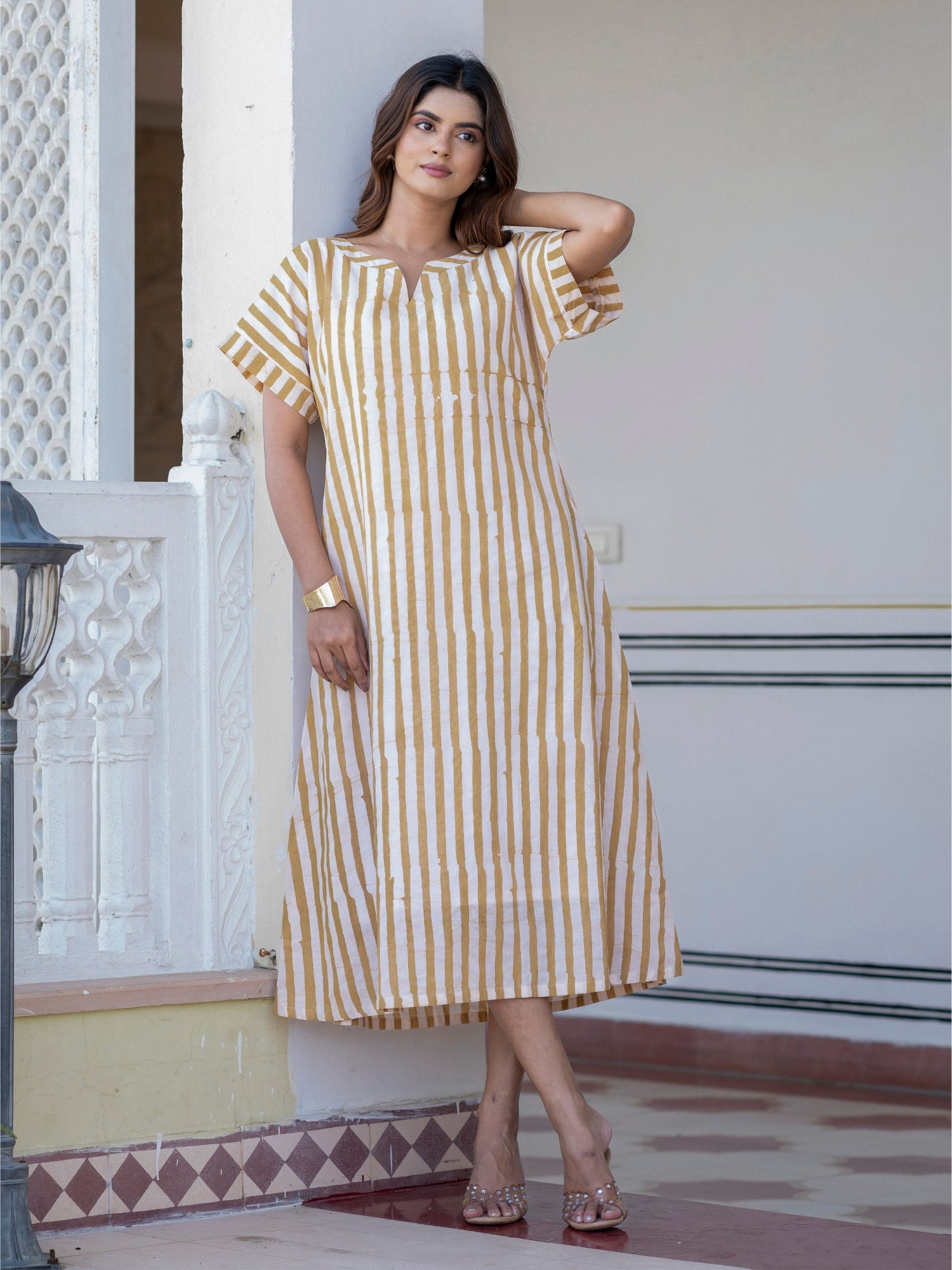 Darzaania The Weekend Dress pure cotton handblock stripe midi dress for women front view
