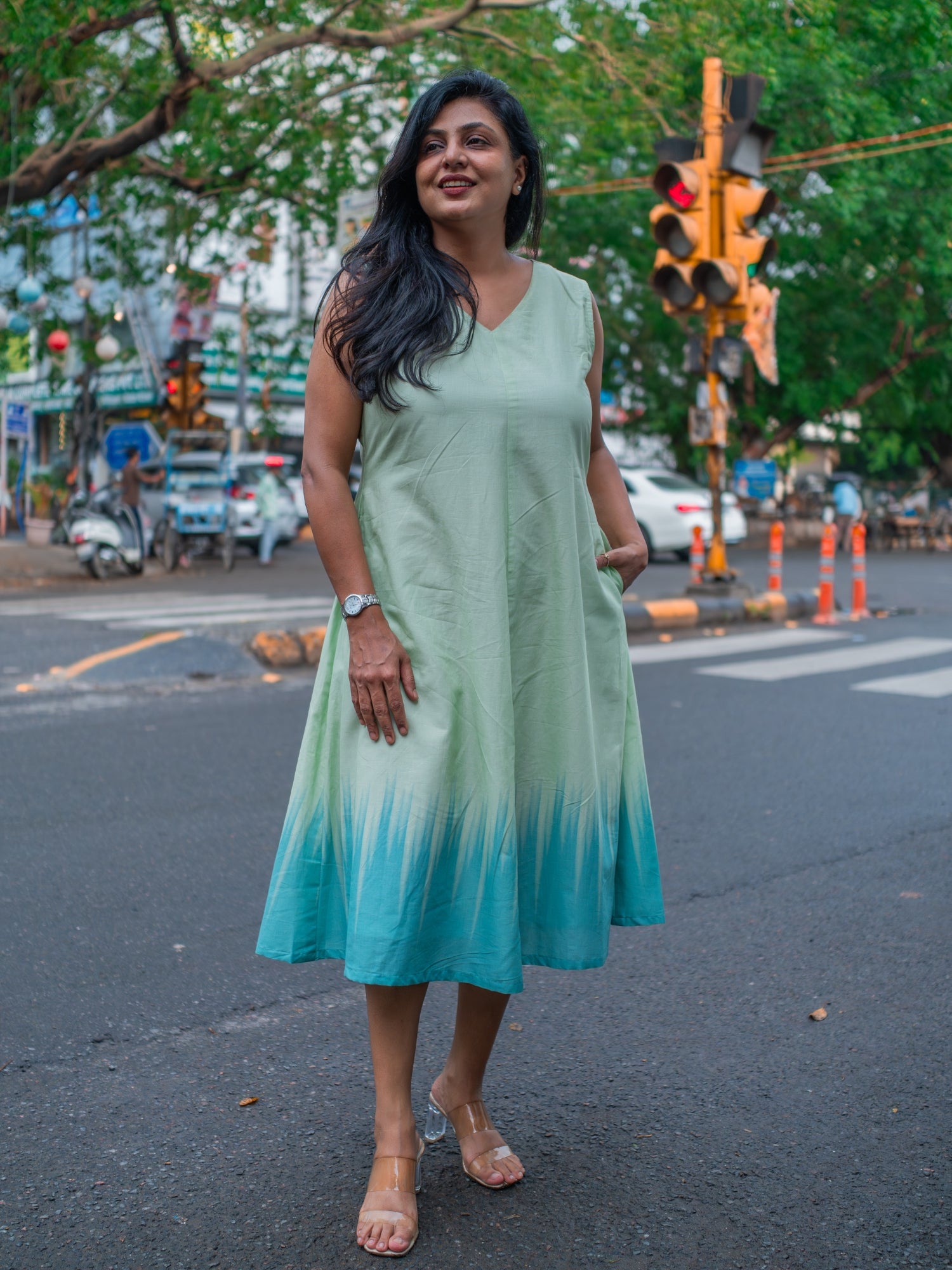 lime green midi dress Exclusive Lime Green Ombre Print Cotton Lined Midi Dress, S to 6XL