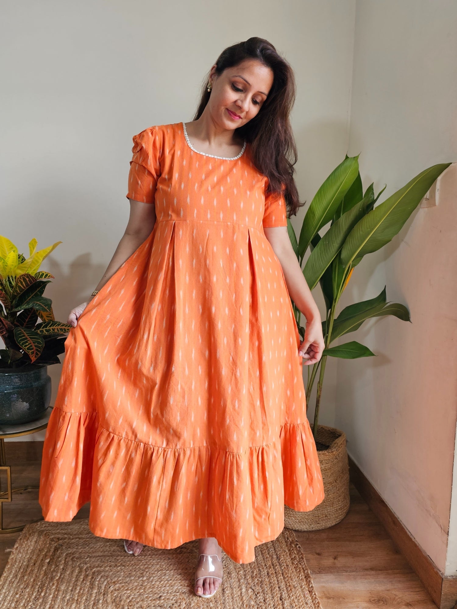 Orange Ikkat Cotton Handloom Dress For Women | CraftsandLooms  Darzaania