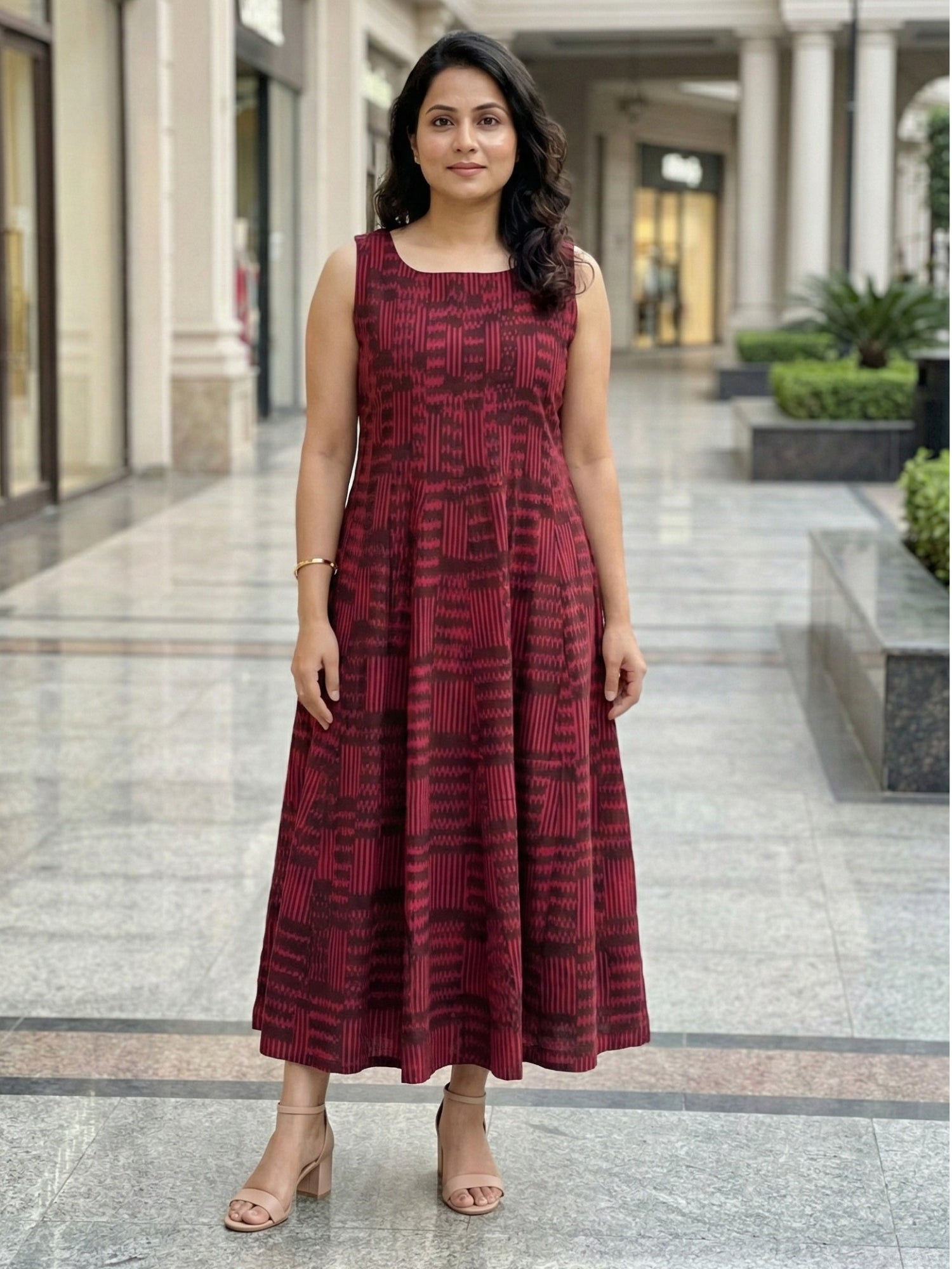 Wine ikat straight-cut midi dress for women in handloom cotton