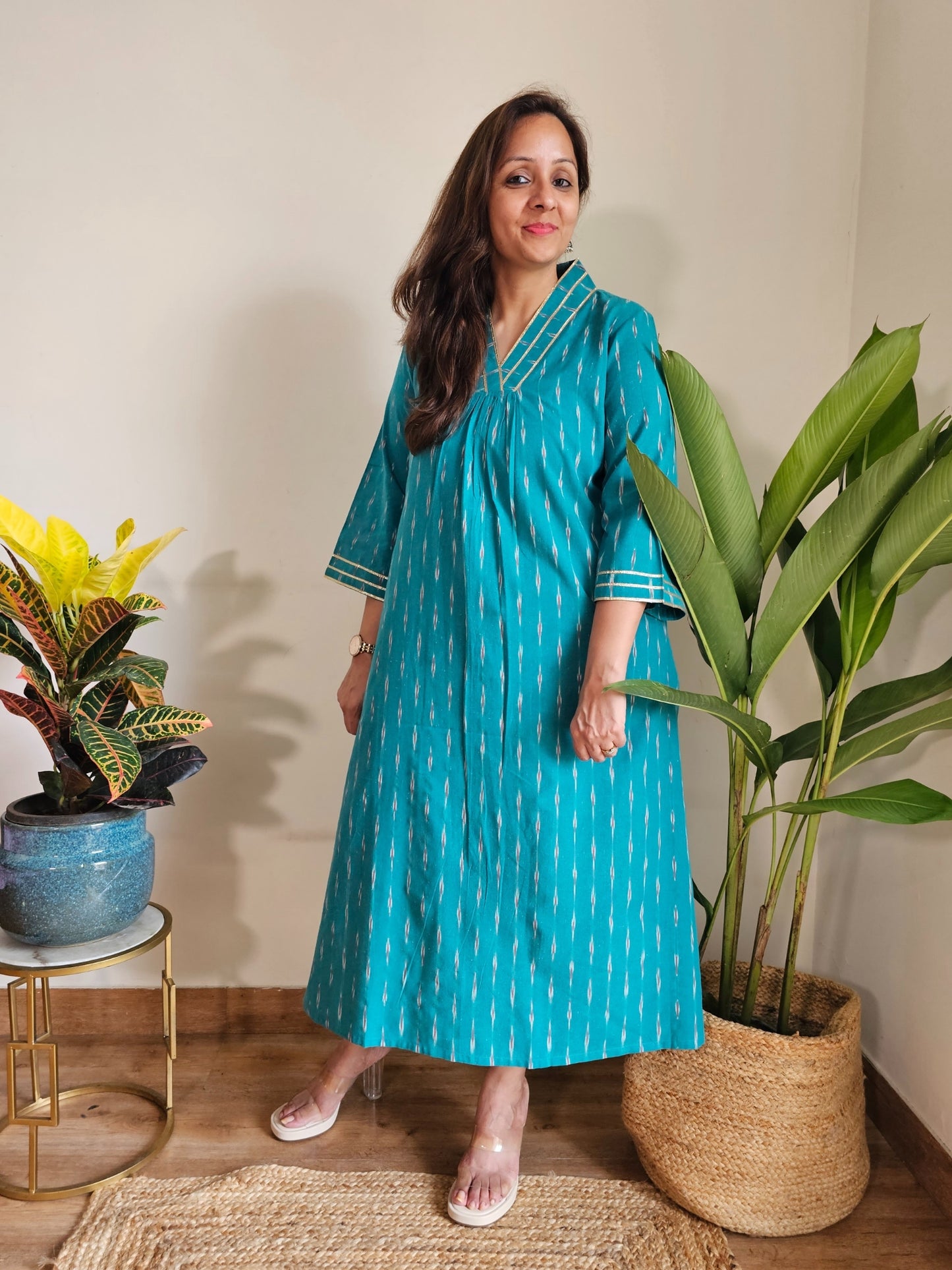 Green Ikat Cotton Dresses in Plus Sizes