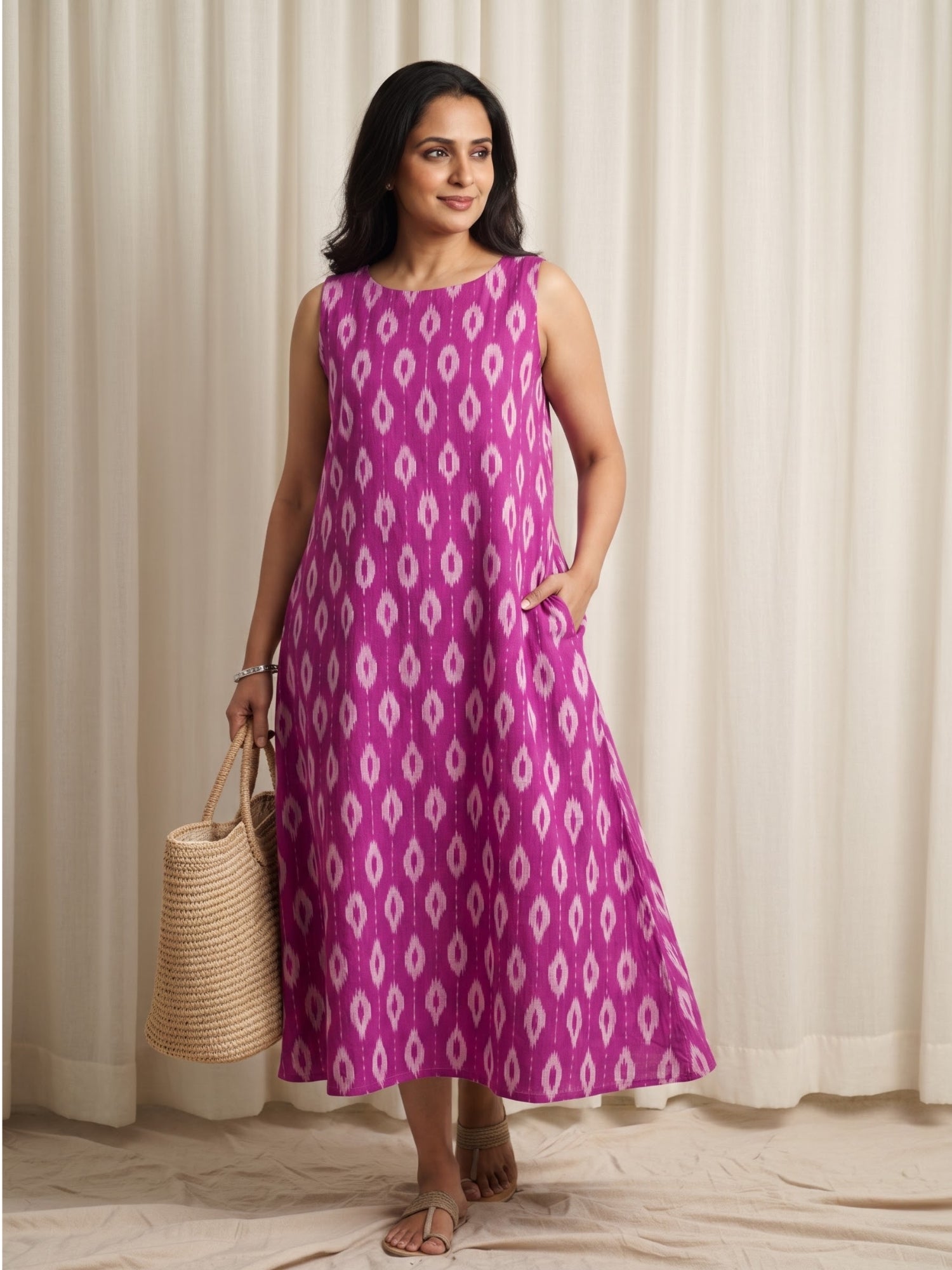 Mehrza Ikat Cotton Long Midi Dress