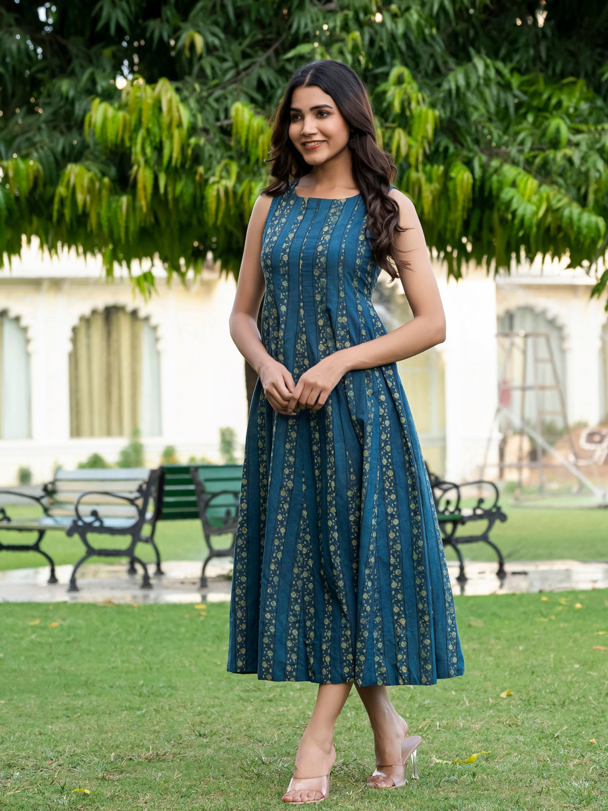Darzaania Siya Ajrakh Work Cotton Sleeveless Dress