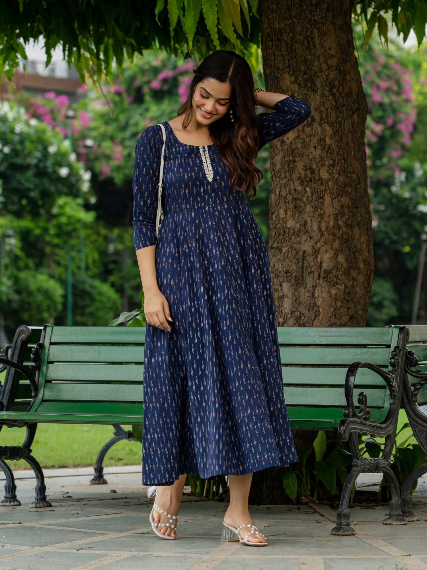 Buy Blue Ikkat Cotton Long 50 inches Dresses for Women