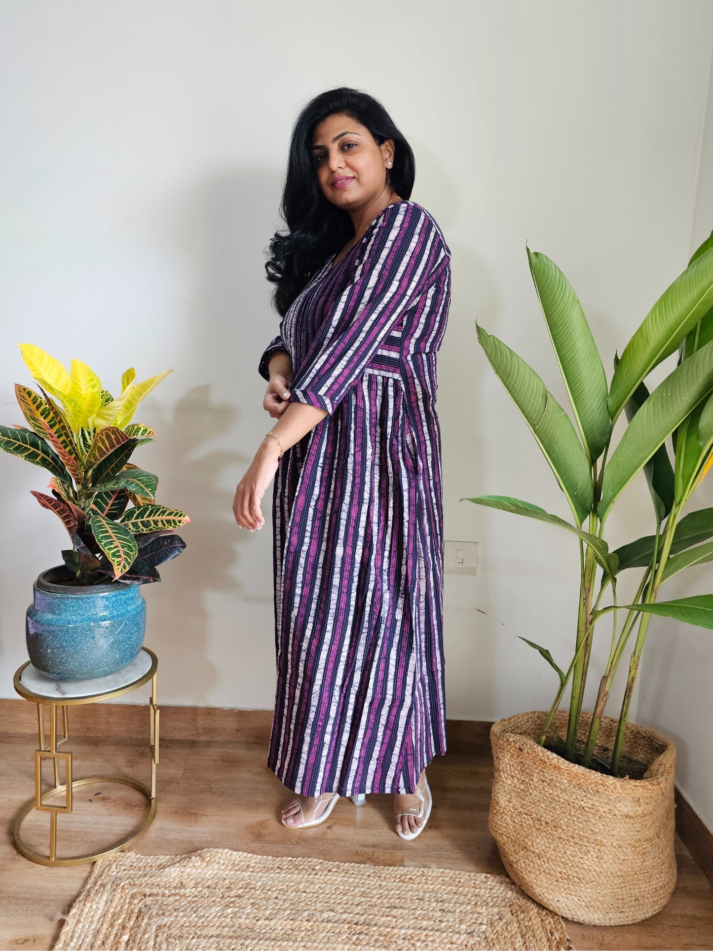 Block printed striped dabu cotton dress online