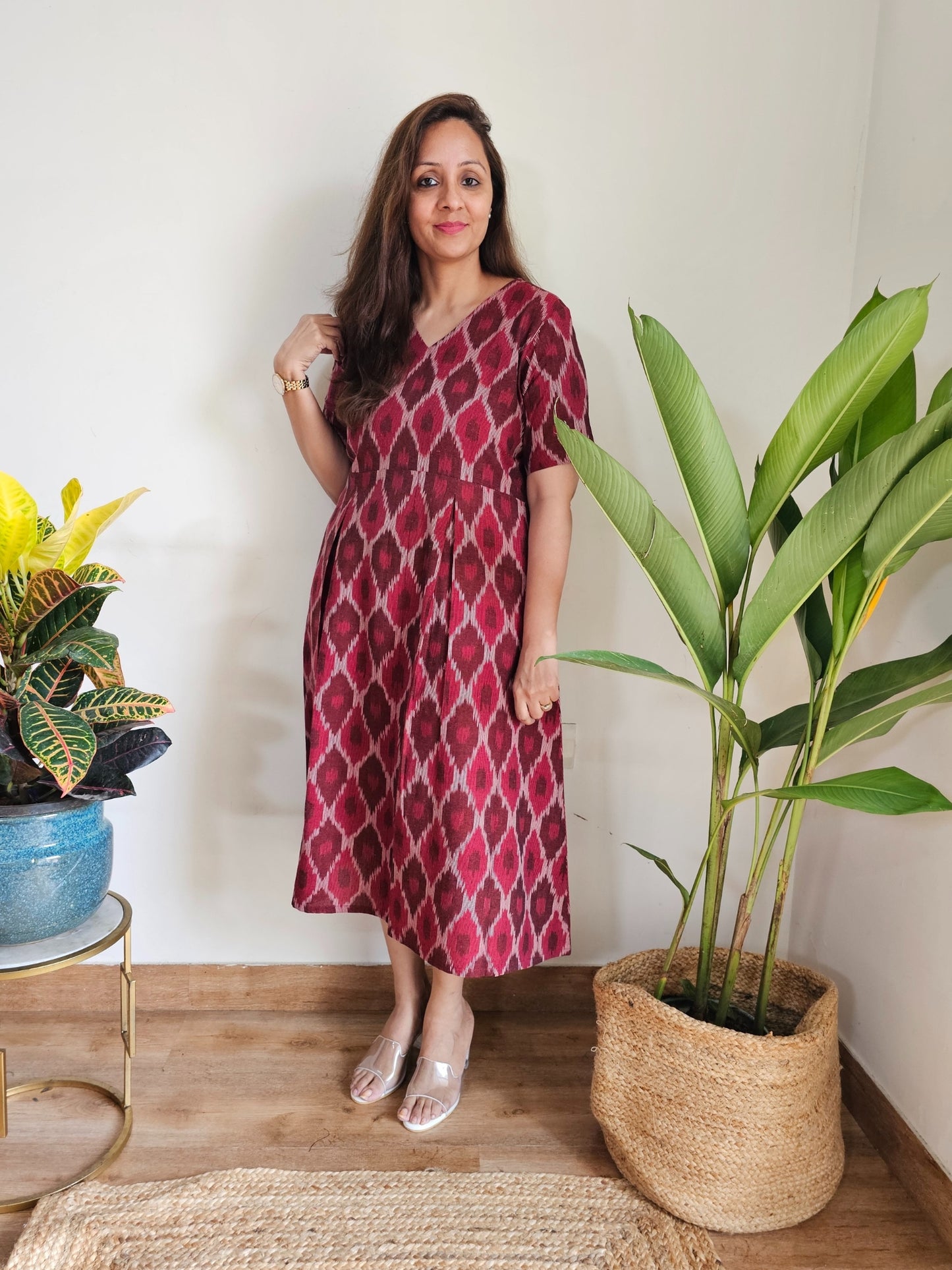 Darzaania Genelia Maroon Ikat Midi Dress