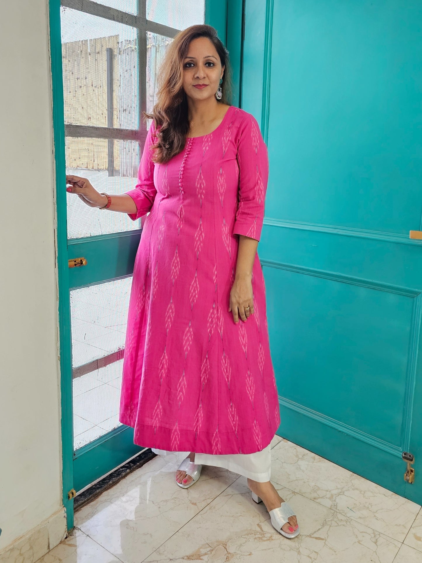 Darzaania Vandita Pink Ikkat Cotton Dress with White Palazzo Pants