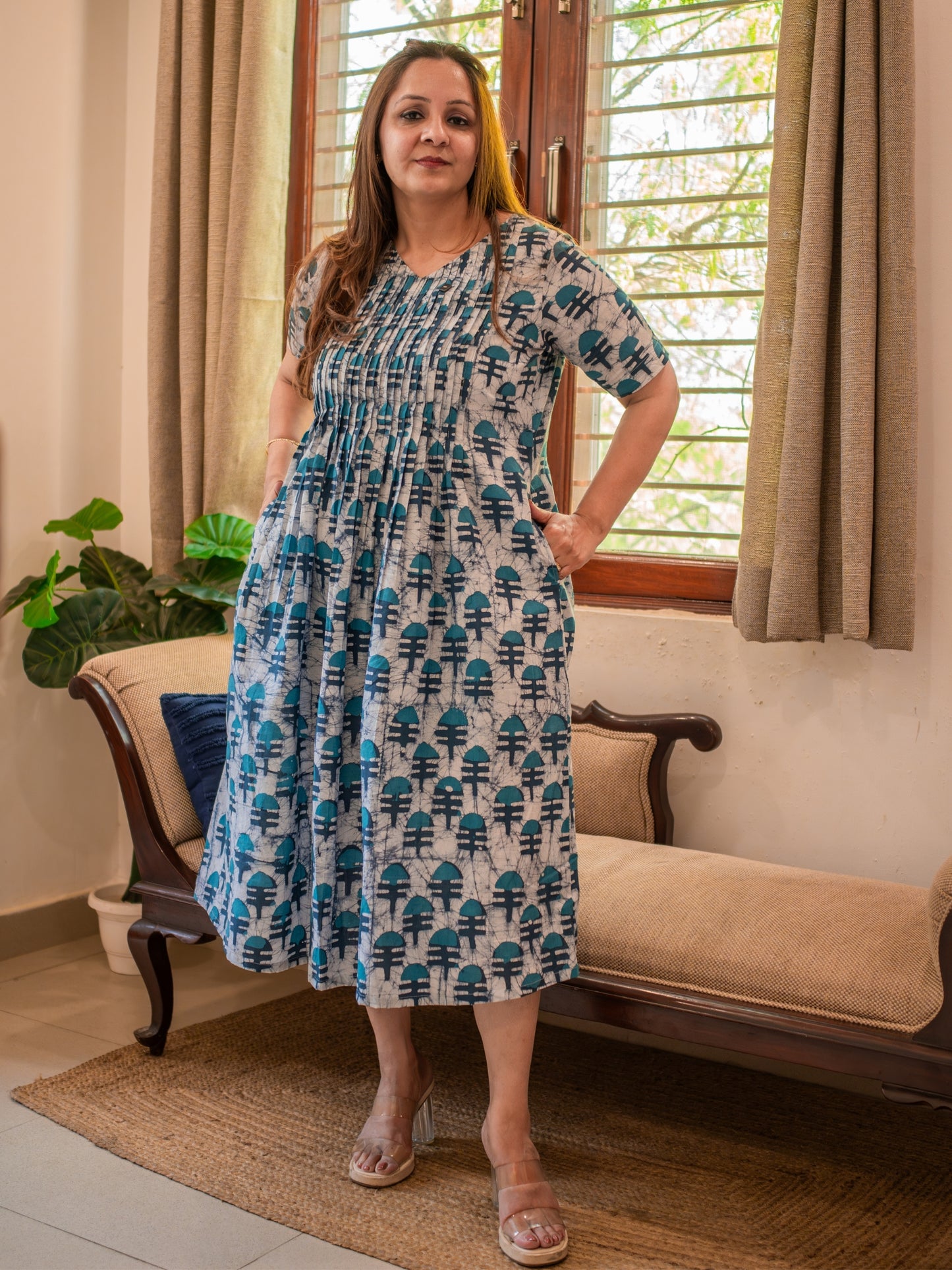 Blue Block Batik Print Cotton Midi Dress