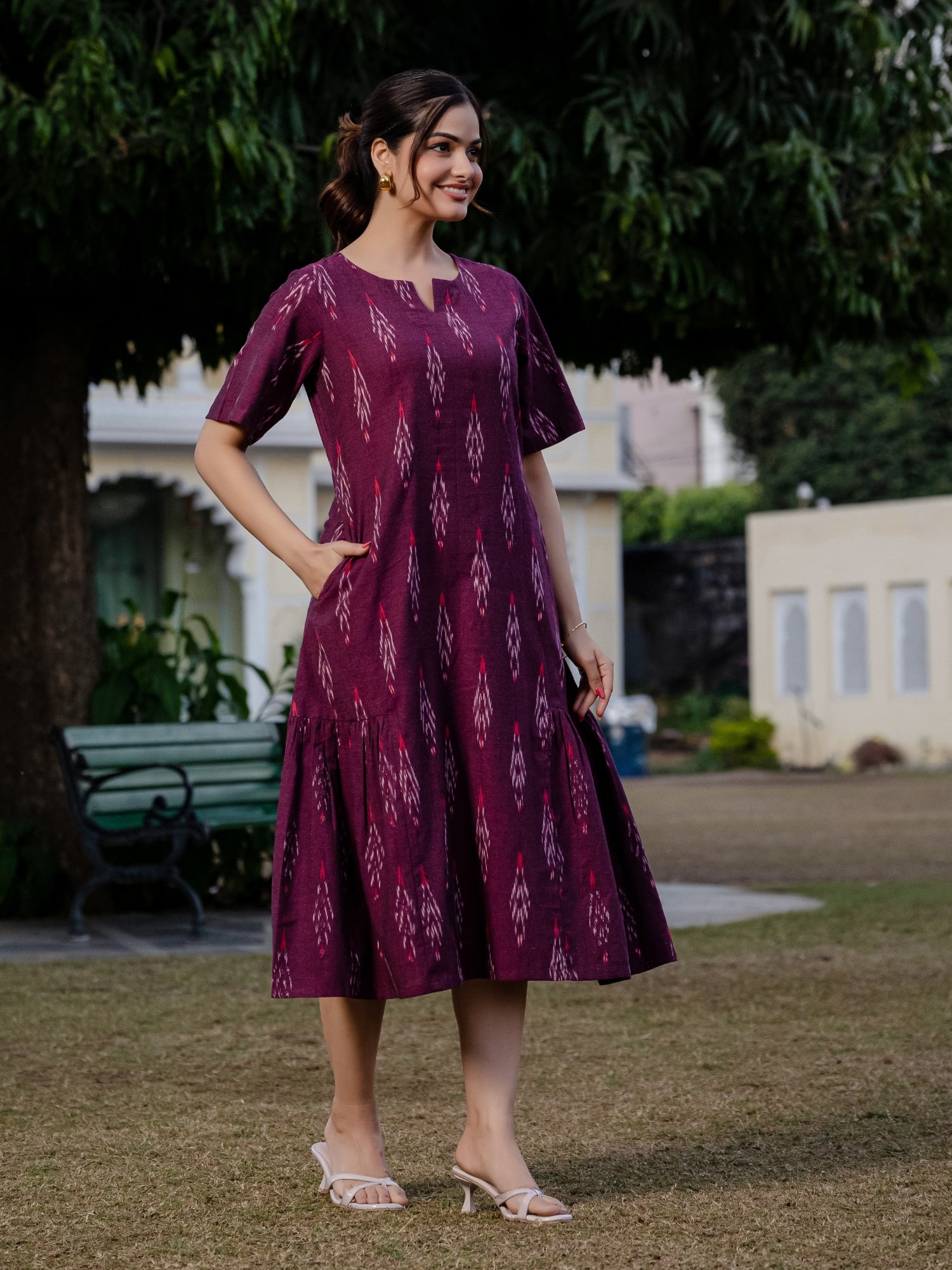 white christmas dresses Wine Ikkat Midi Dress for Women | Pure Cotton, With Pockets | Sizes S–6XL