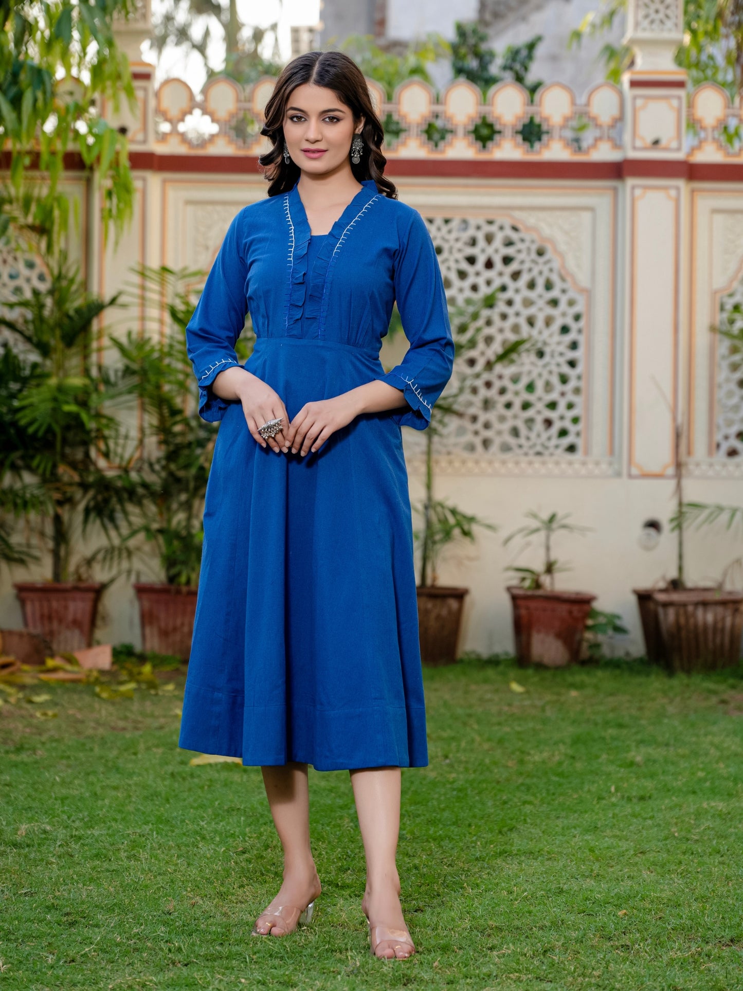 Darzaania Blue Embroidered Handloomed Cotton Dress