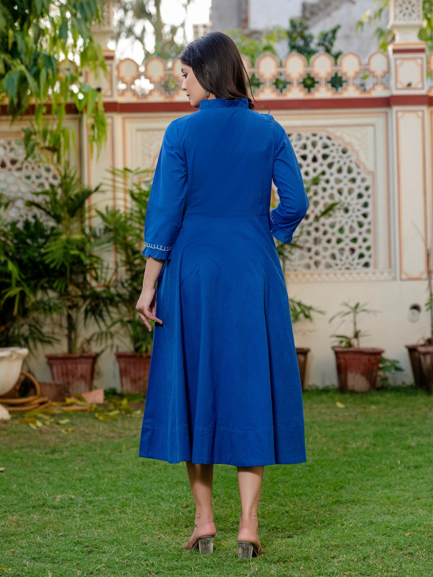 Darzaania Blue Embroidered Handloomed Cotton Dress