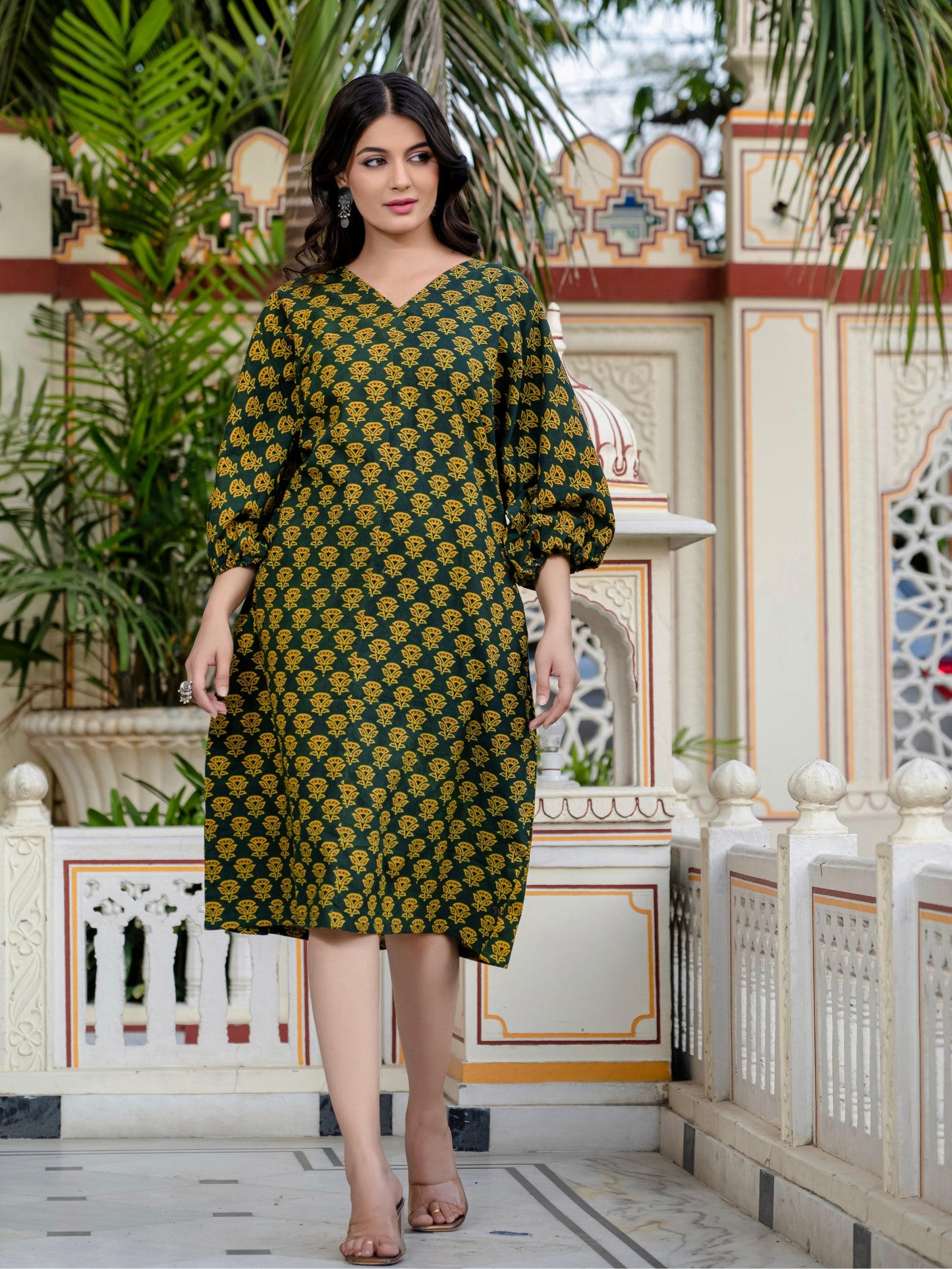 Anvitha Green Ajrakh Work Cotton Midi Dress