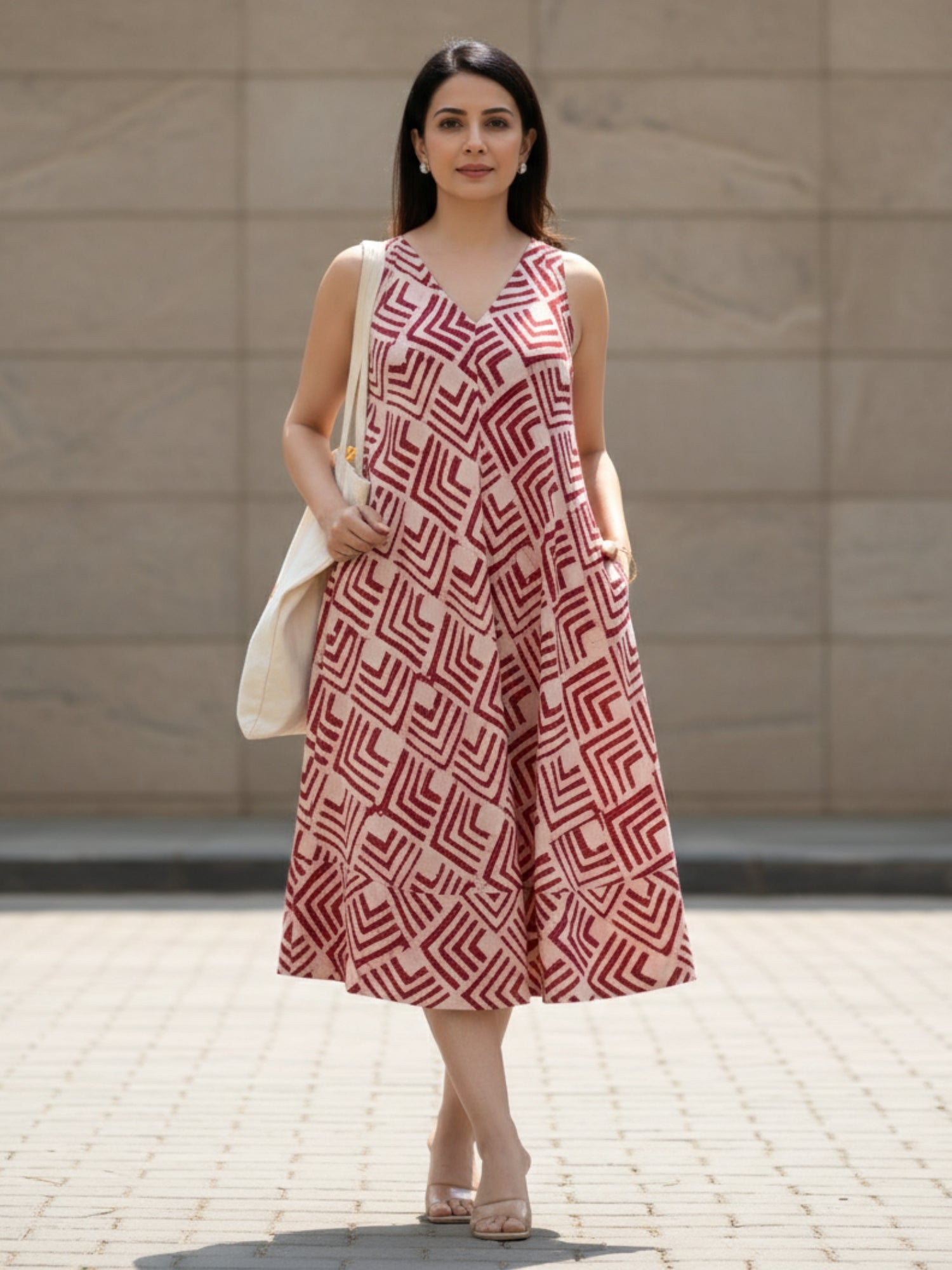 red batik work kantha work pure cotton midi dress