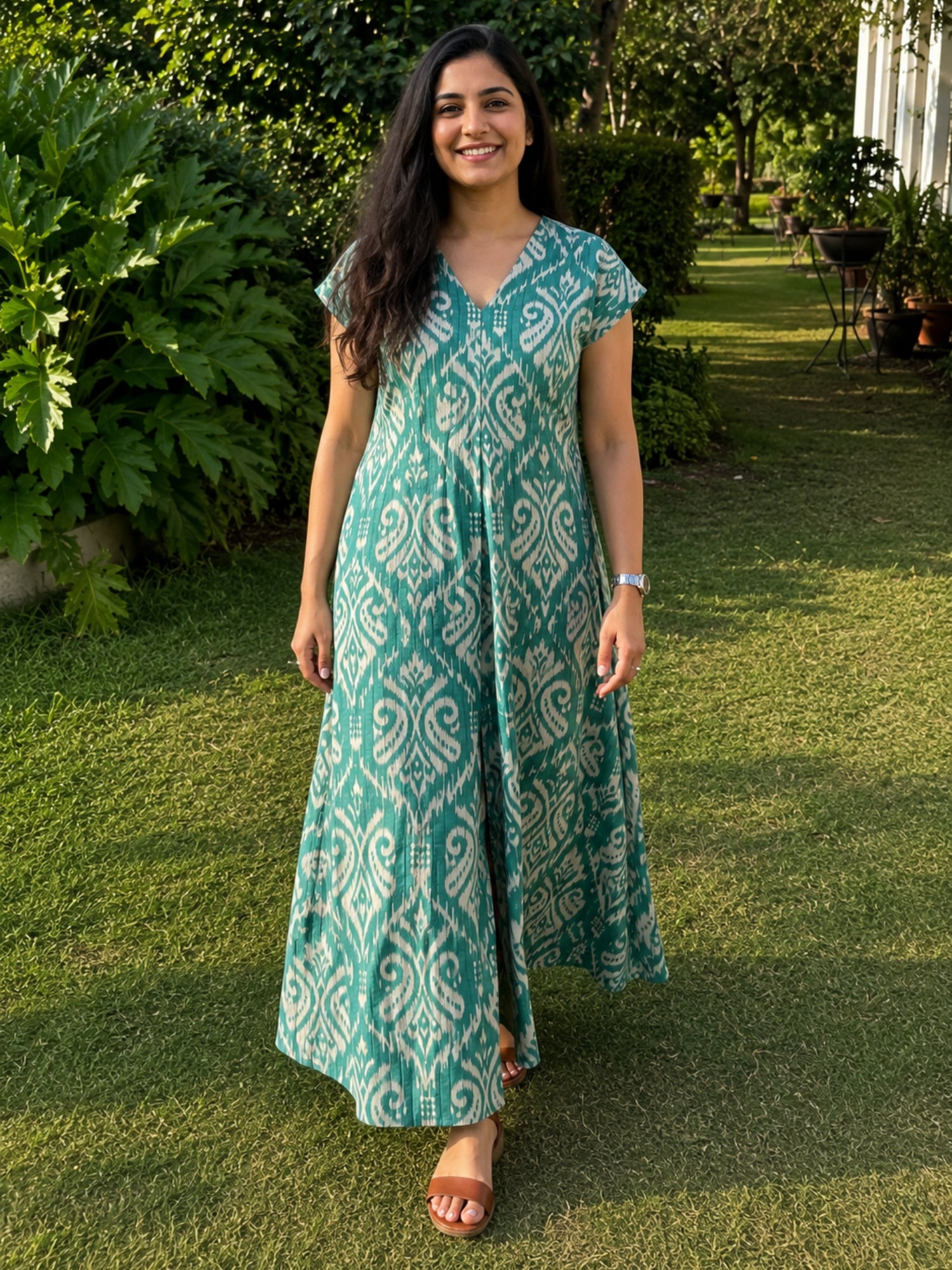Exclusive Green Pure Cotton Long Midi Dress for Women , S to 6XL