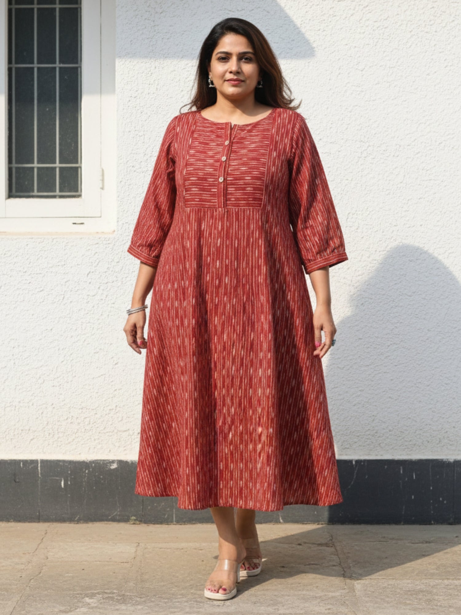 Shop Exclusive Brick Red Color Ikkat Cotton Maxi Dress | CraftsandLooms Ikat  Dresses  Darzaania