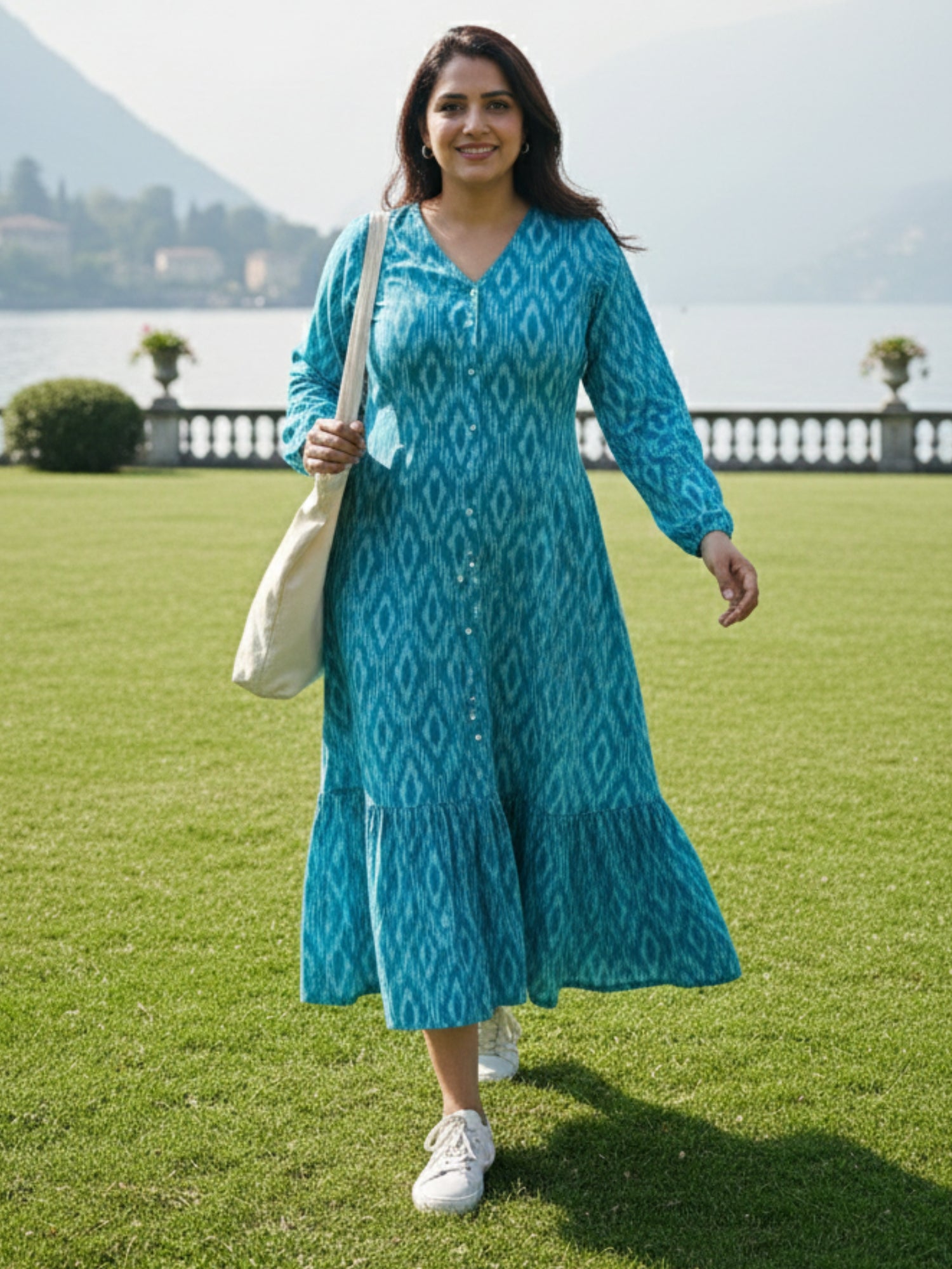 teal blue ikat button down dress by Darzaania, ankle length blue button down vacation wear for women
