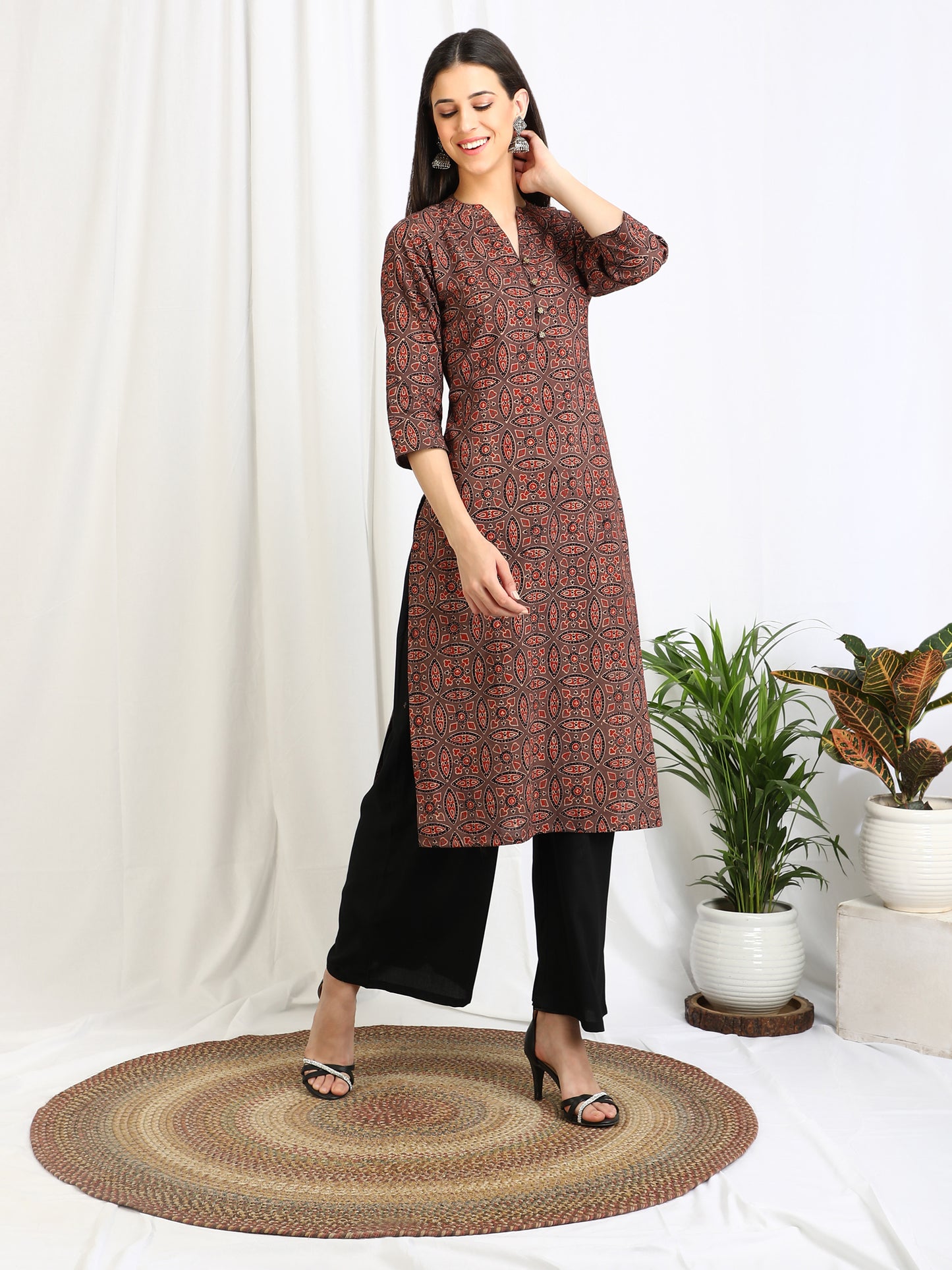 Ajrakh Block Print 'Amber' Cotton Long Kurta