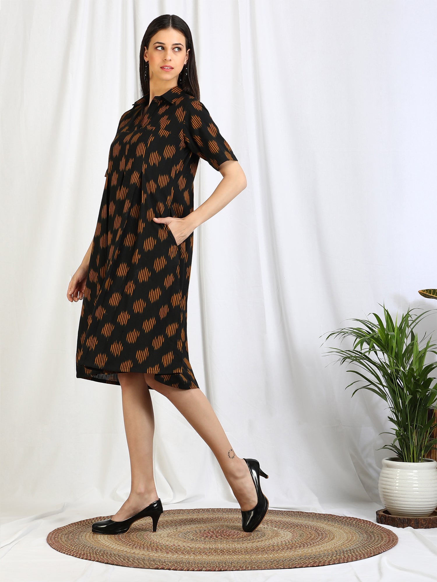 black ikat cotton midi dress for women