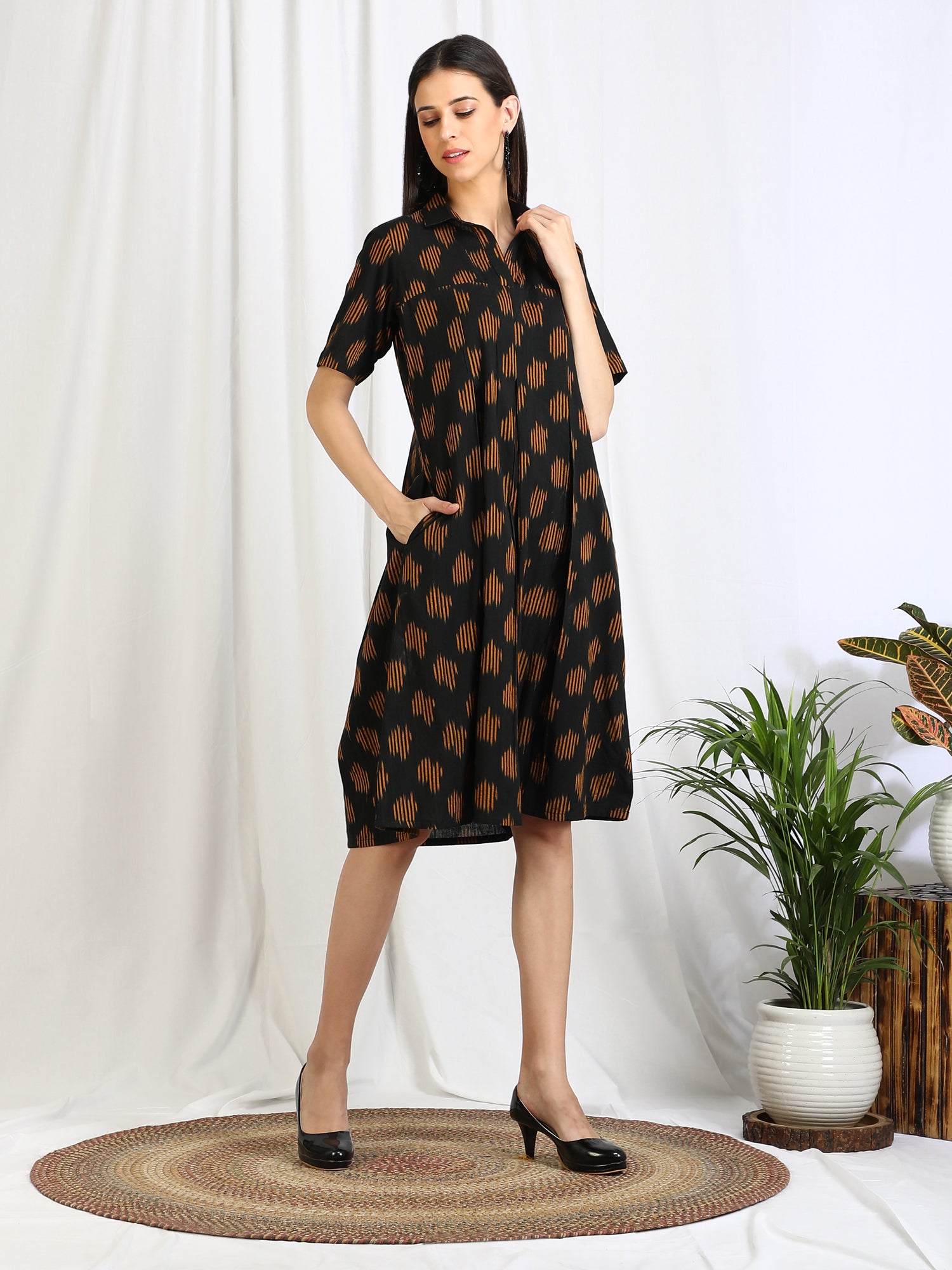 black ikat cotton midi dress for women