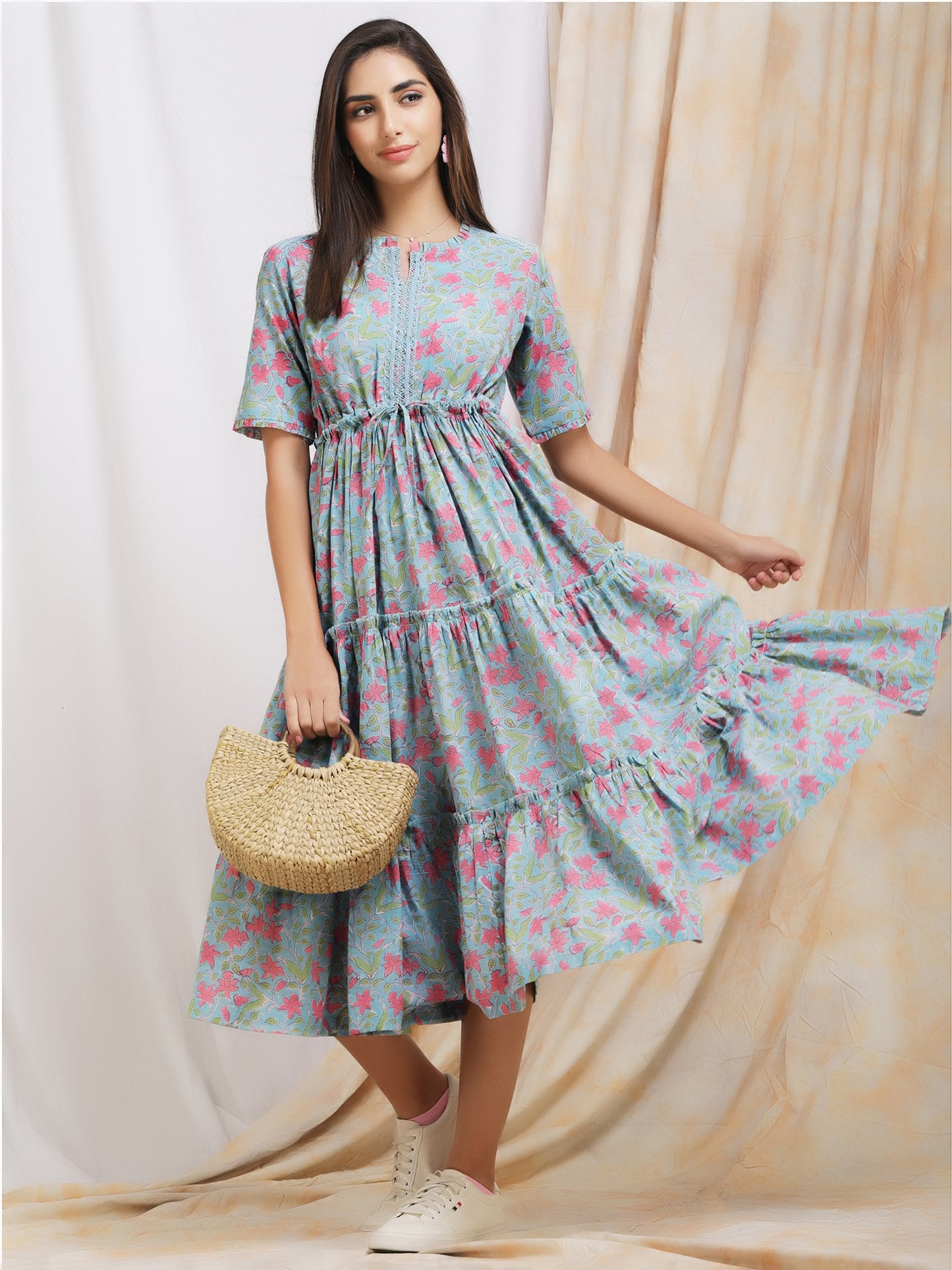 Blue Cotton 3 tiered cotton dress