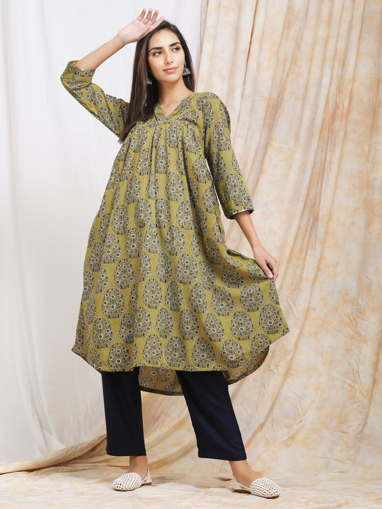 Green Block Print Cotton Kurta for Women