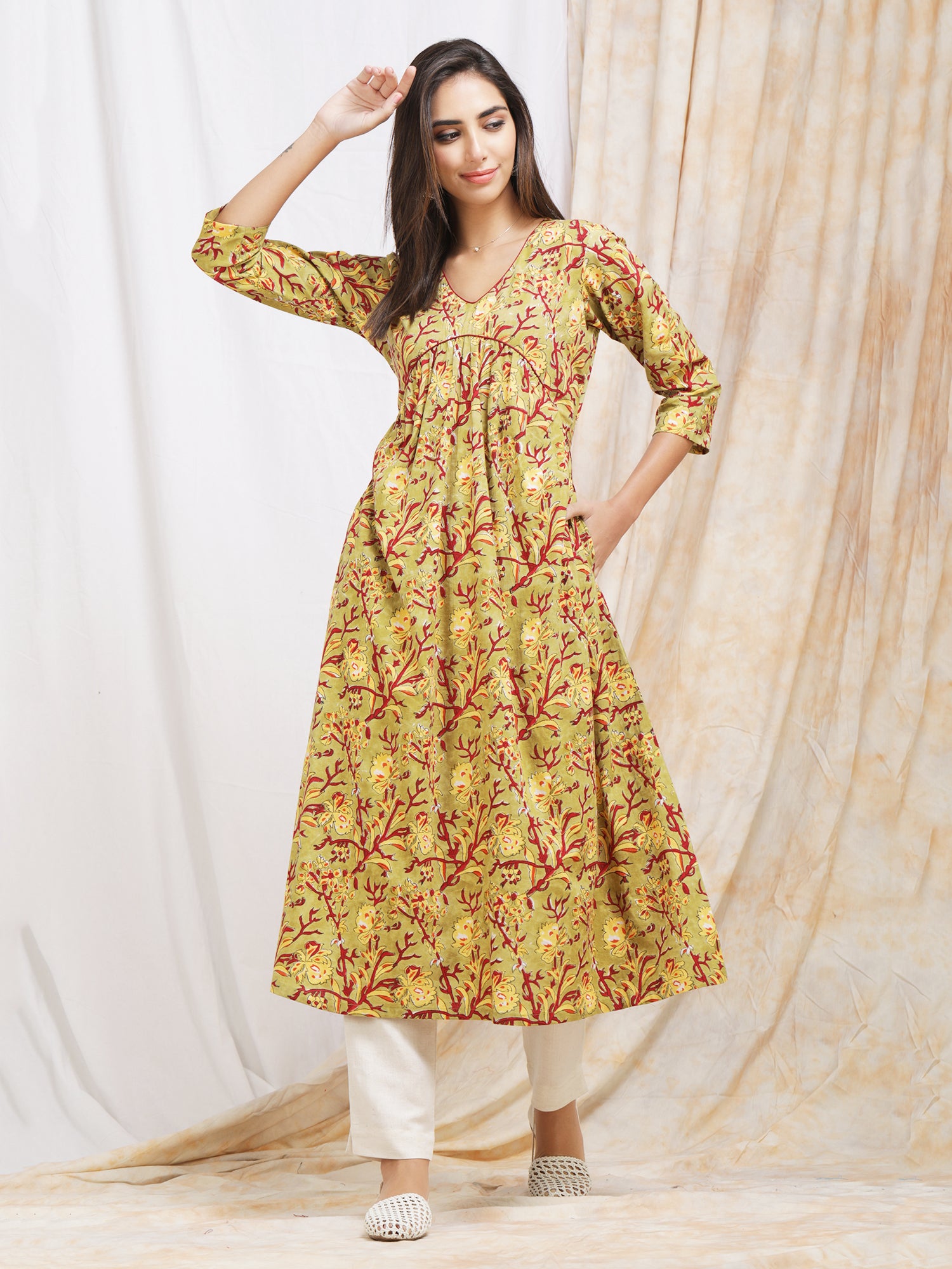 Sanganeri Block Print Long Cotton Kurti for Women
