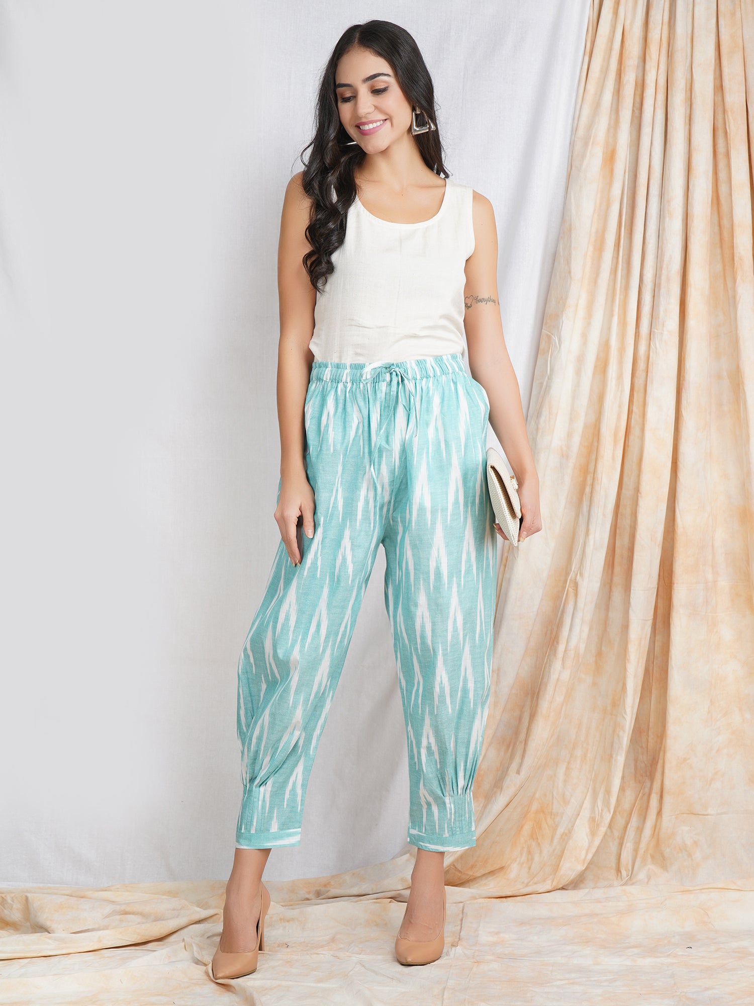 Turquoise Color Ikat cotton harem pants for women