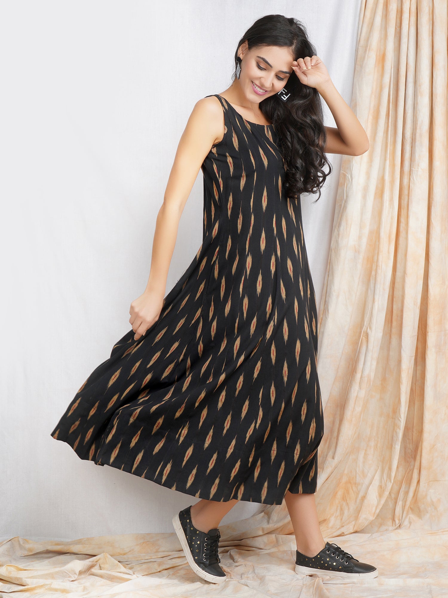Black Color Ikkat Cotton Maxi Dress for Women Online