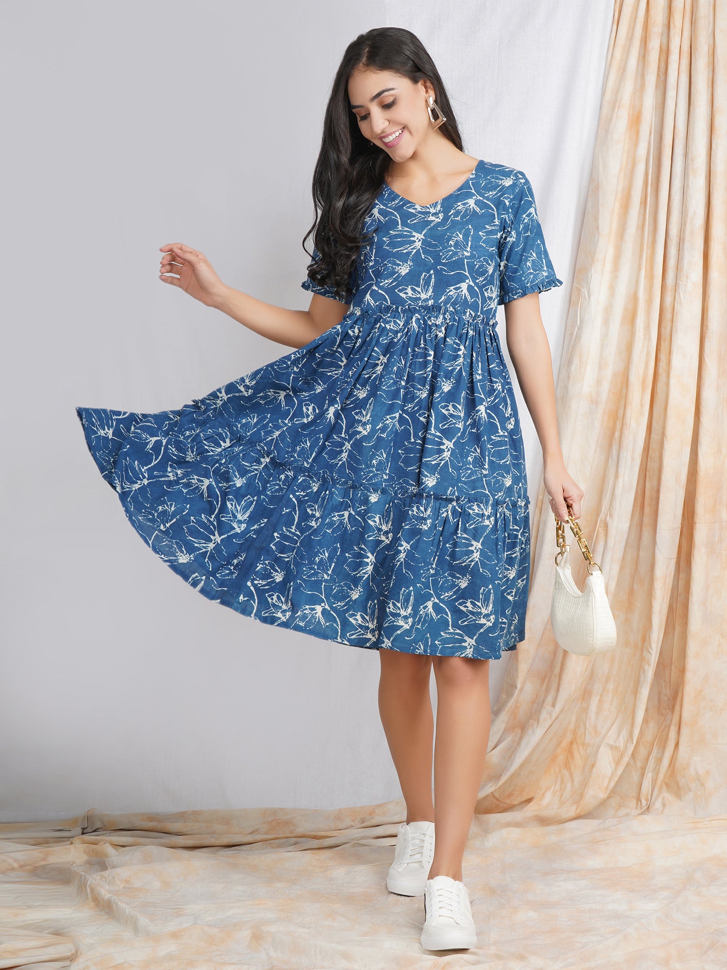 Natural Indigo Cotton Midi Dress
