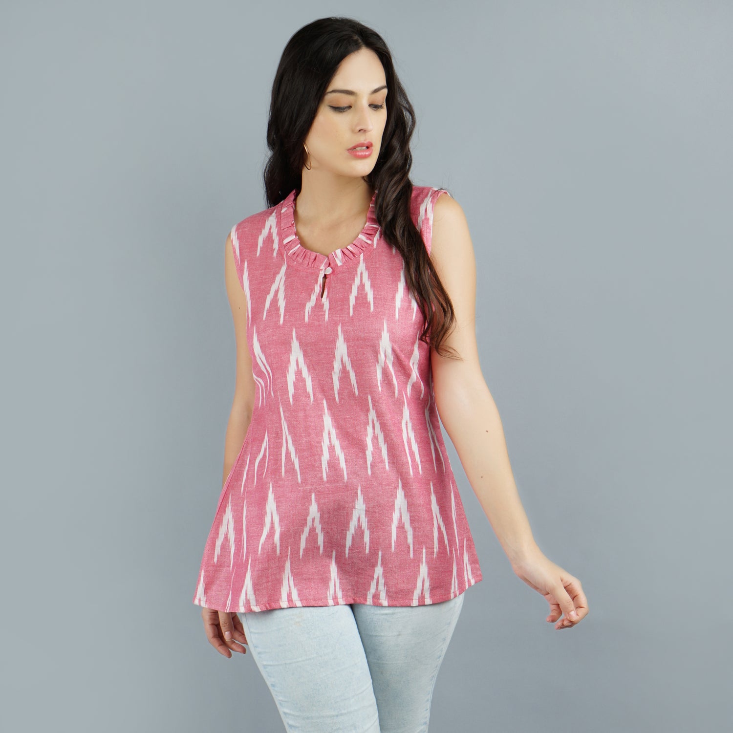 Pink Ikat Sleeveless Tops for women