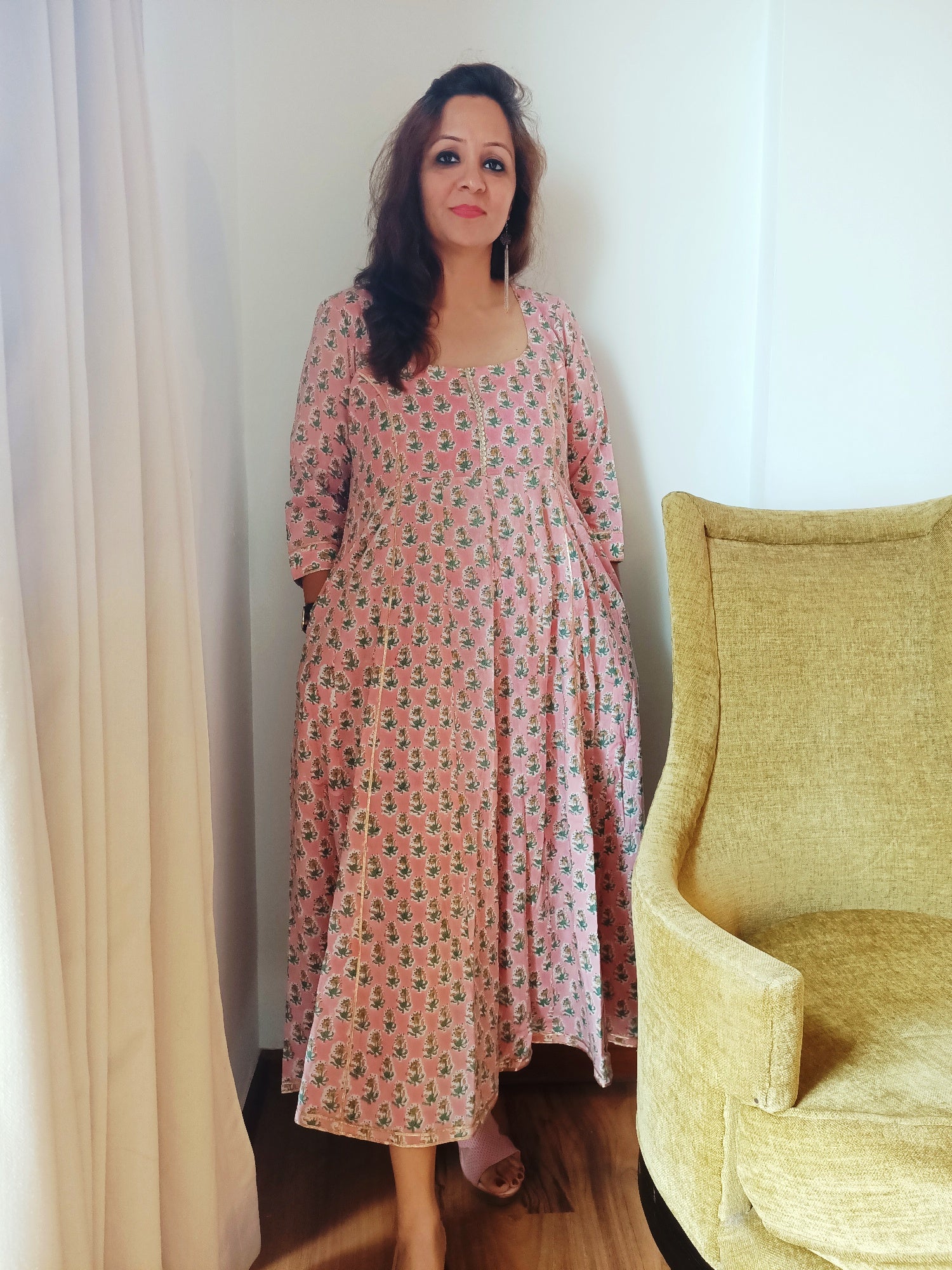 Pink handblocked sanganeri cotton dress for women
