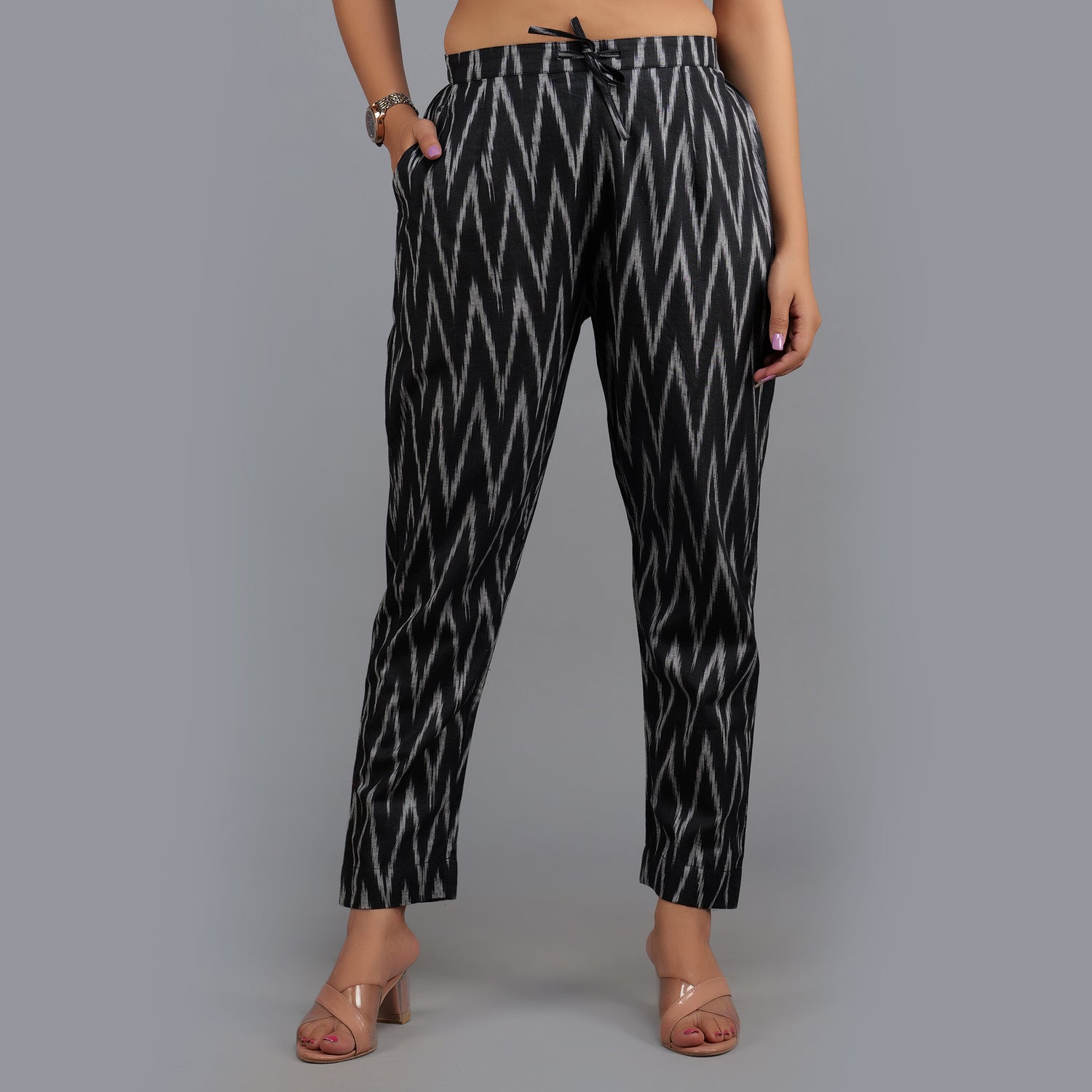Darzaania Black Ikat Cotton Pants for Women