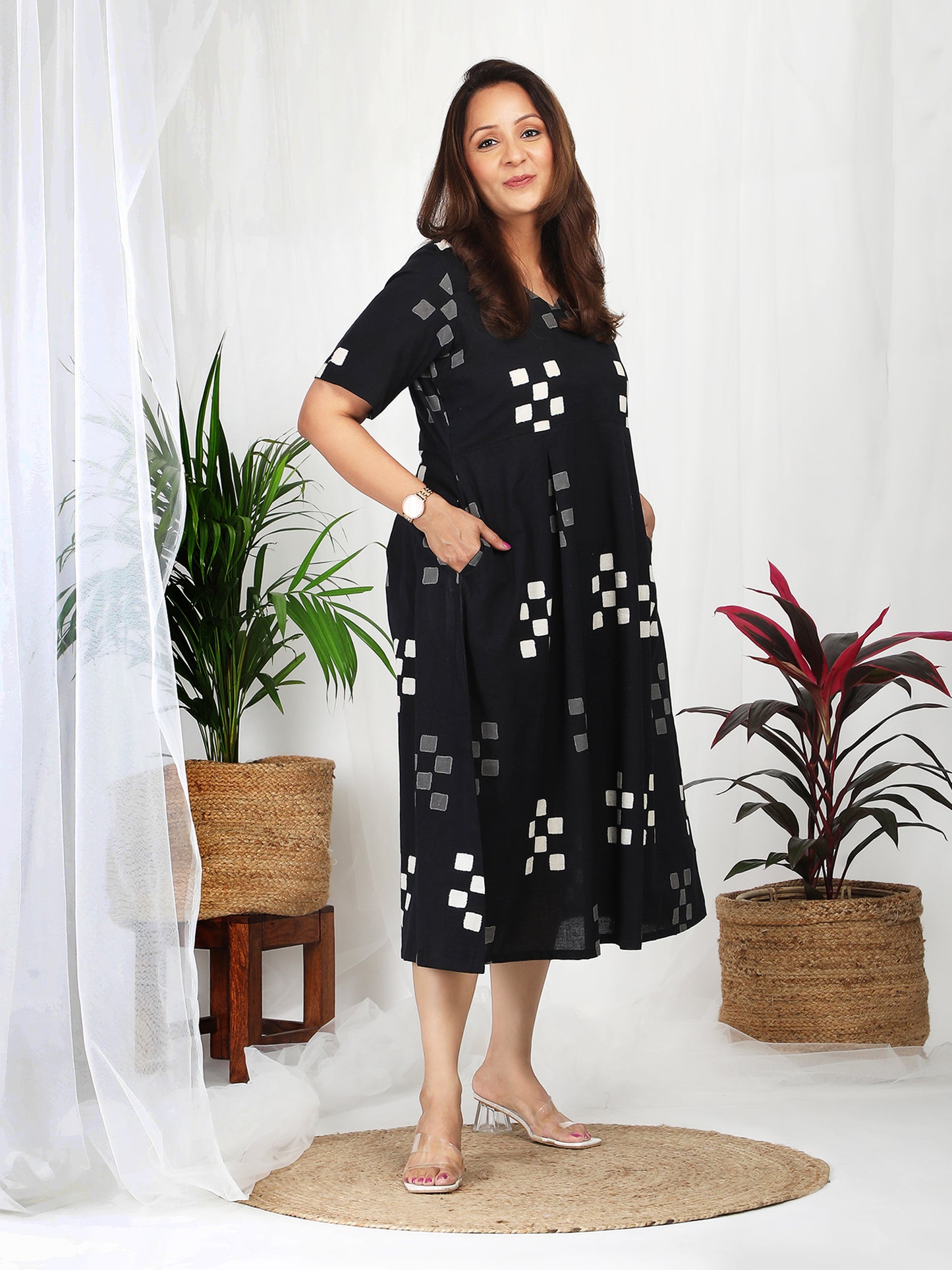 Darzaania Kuvira Black Cotton Block Print Dress