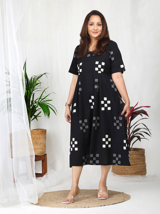 Darzaania Kuvira Black Cotton Block Print Dress