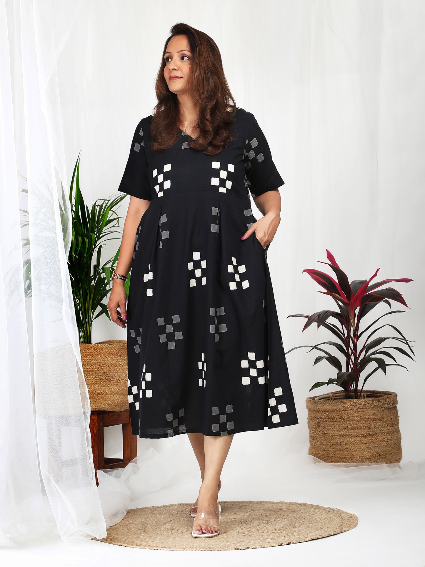 Darzaania Kuvira Black Cotton Block Print Dress