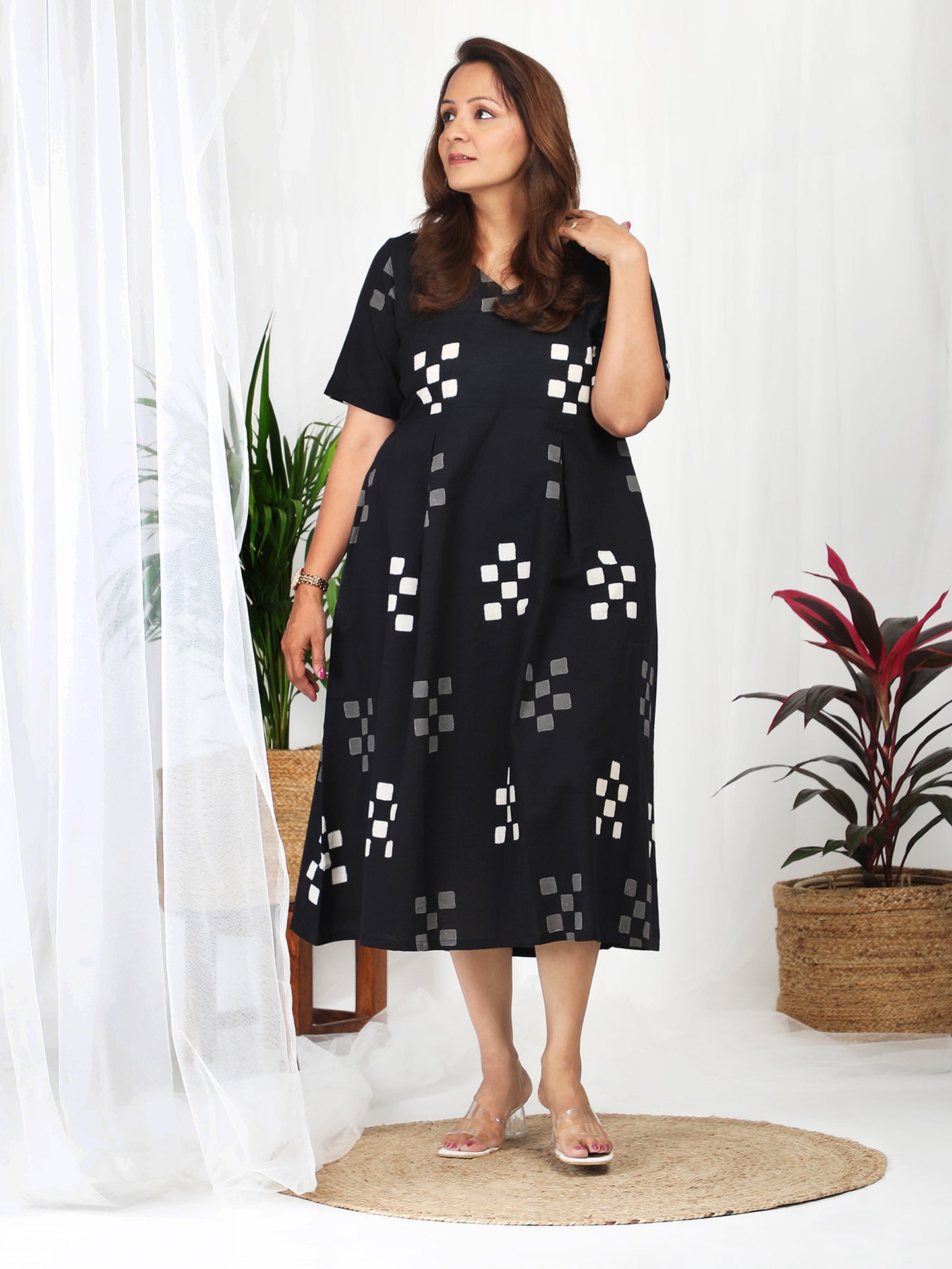 Darzaania Kuvira Black Cotton Block Print Dress