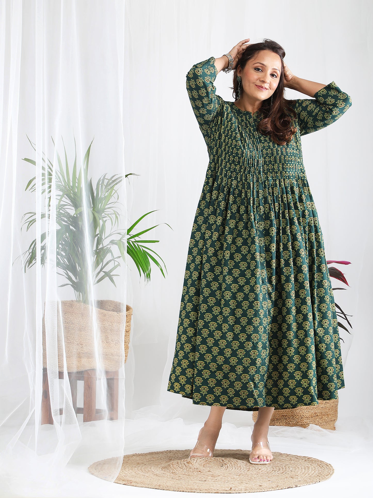 Darzaania Miraya Ajrakh Work Pure Cotton Green Dress