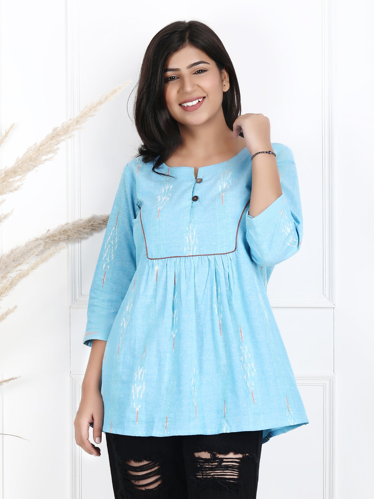 Sky blue ikat cotton tops online