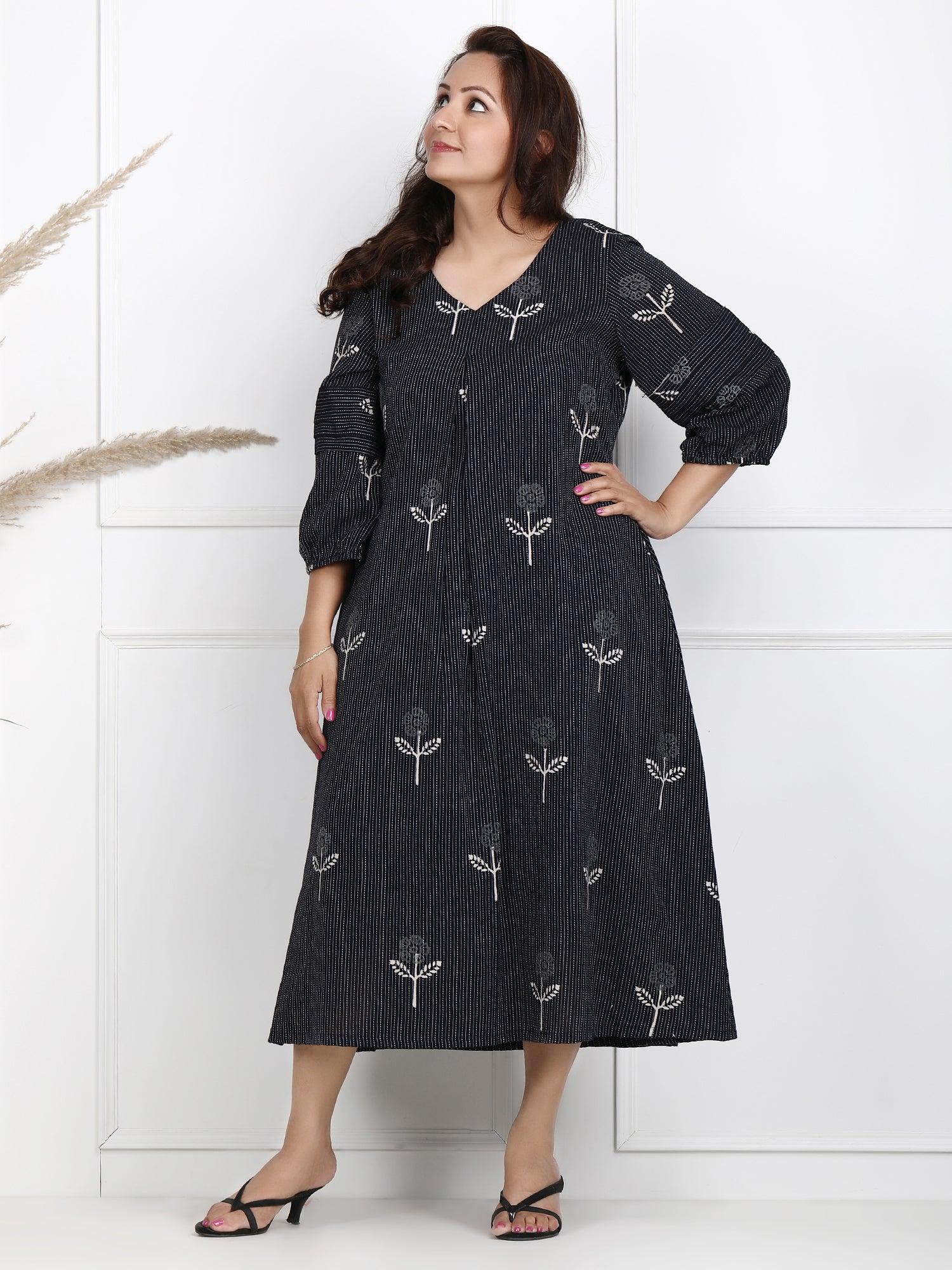 Black Block Print Midi Dress in pure cotton