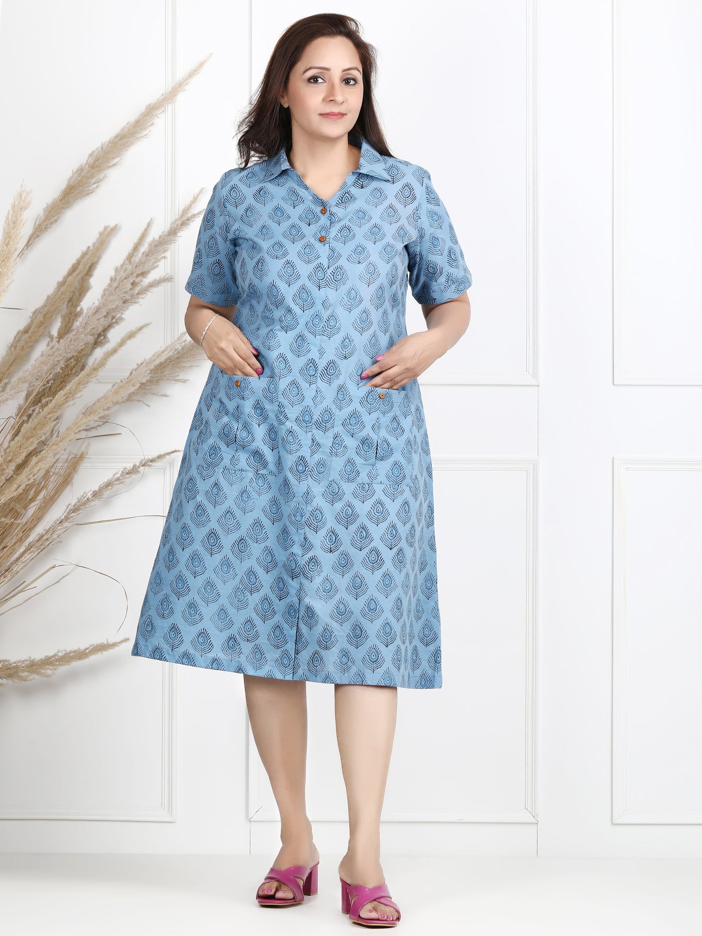 office wear blue cotton dress for women 