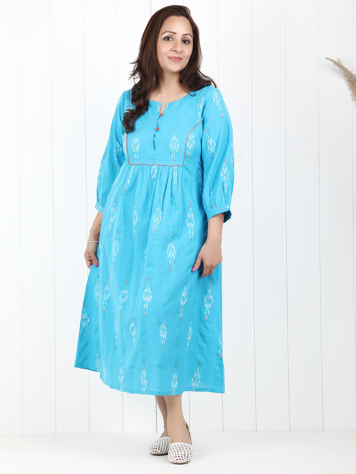 Blue Ikkat cotton yoke dress
