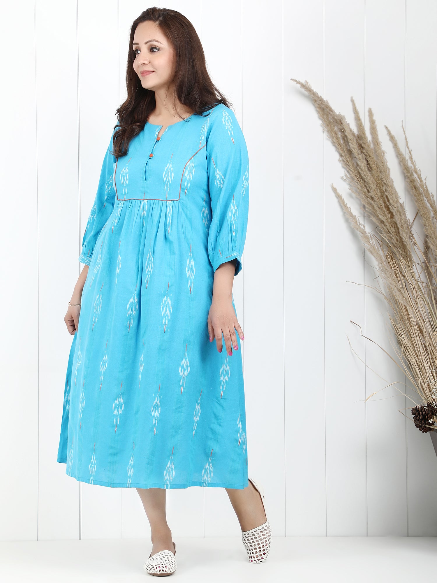 Blue Ikkat cotton yoke dress