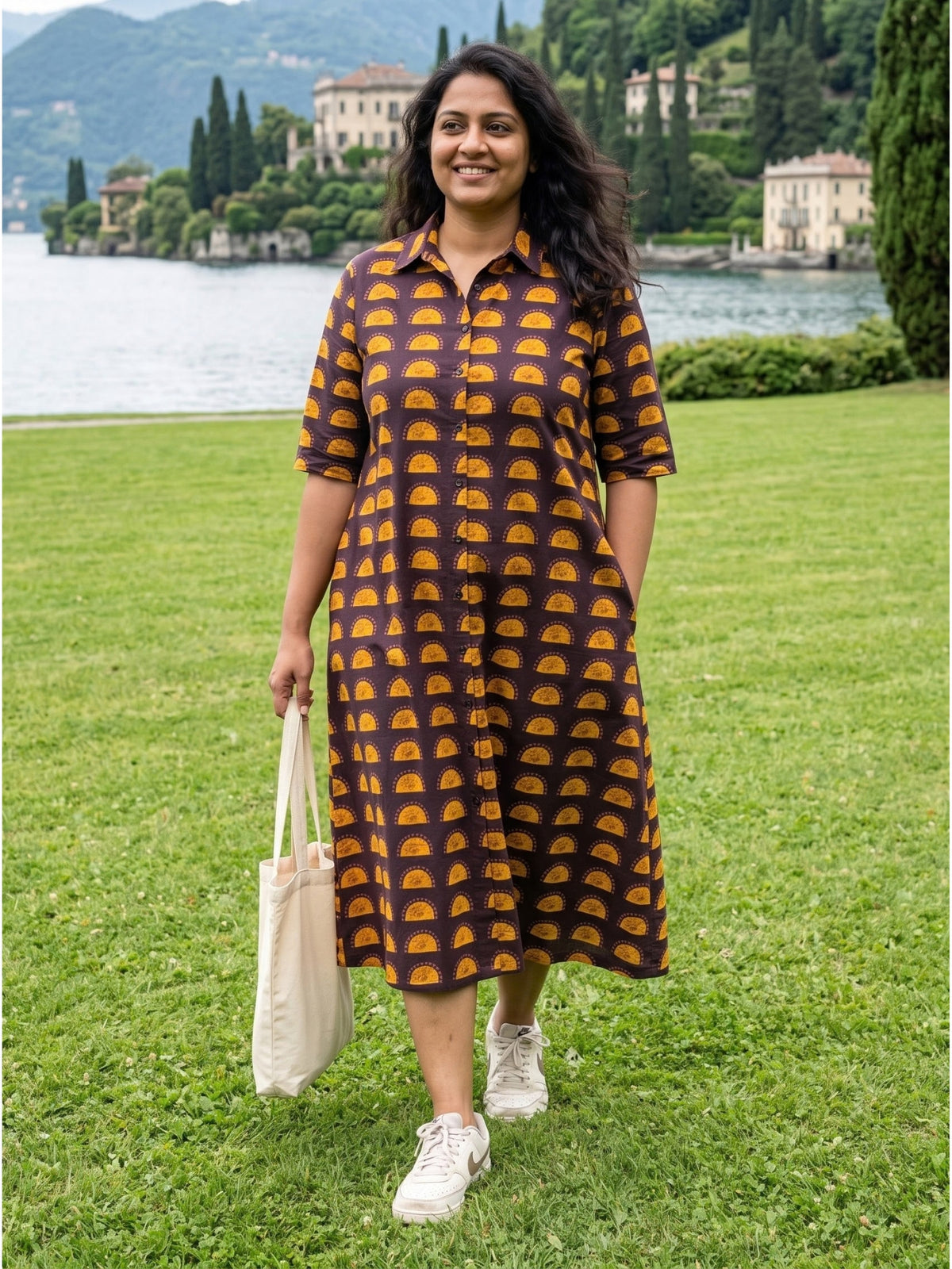 Darzaania Button Down Brown Mustard Cotton Shirt Dress 