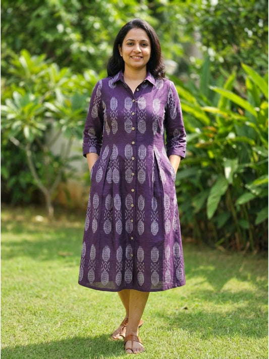 Purple ikat cotton midi dress for women with front buttons