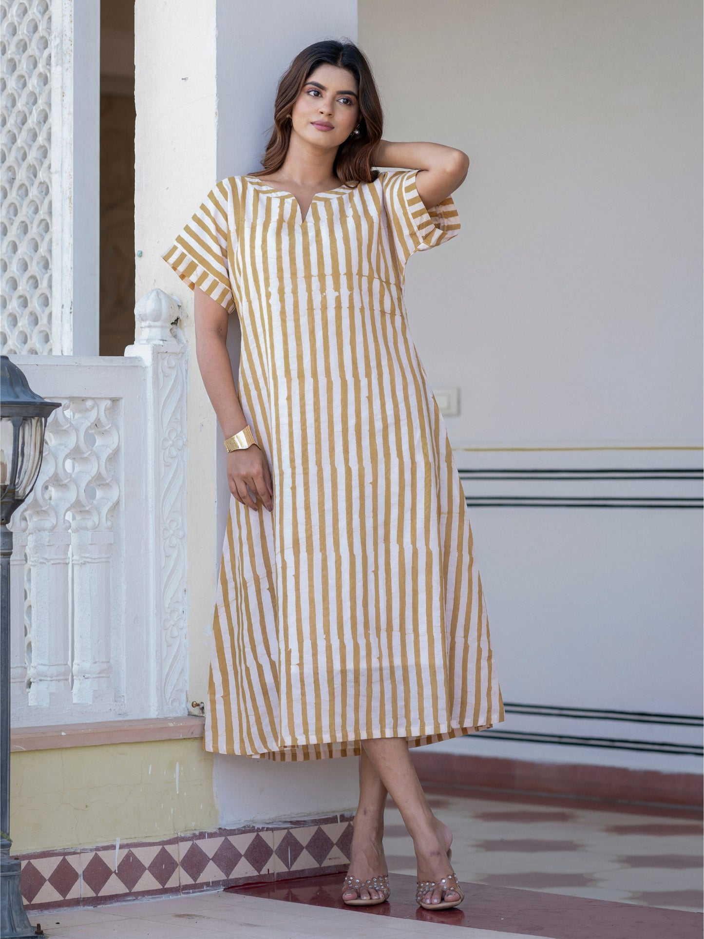Darzaania The Weekend Dress pure cotton handblock stripe midi dress for women front view