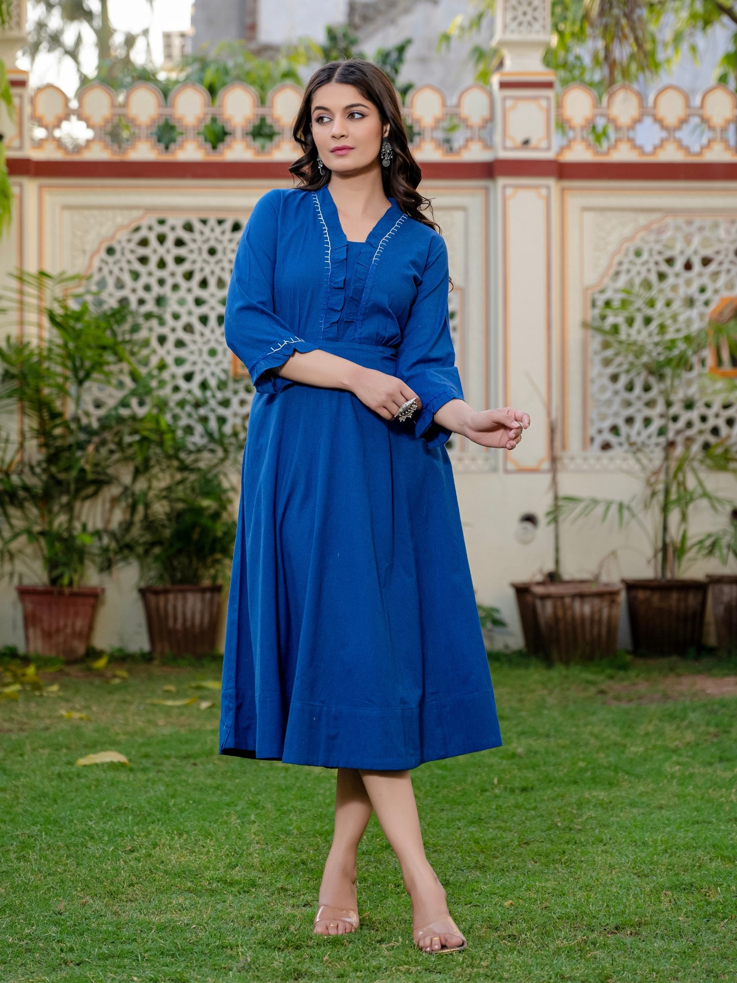 Darzaania Blue Embroidered Handloomed Cotton Dress