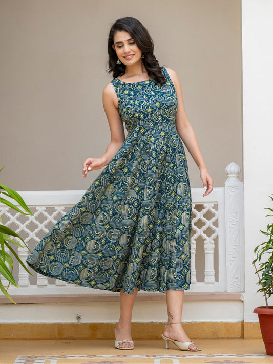 Darzaania Mystic Teal A-Line Cotton Dress