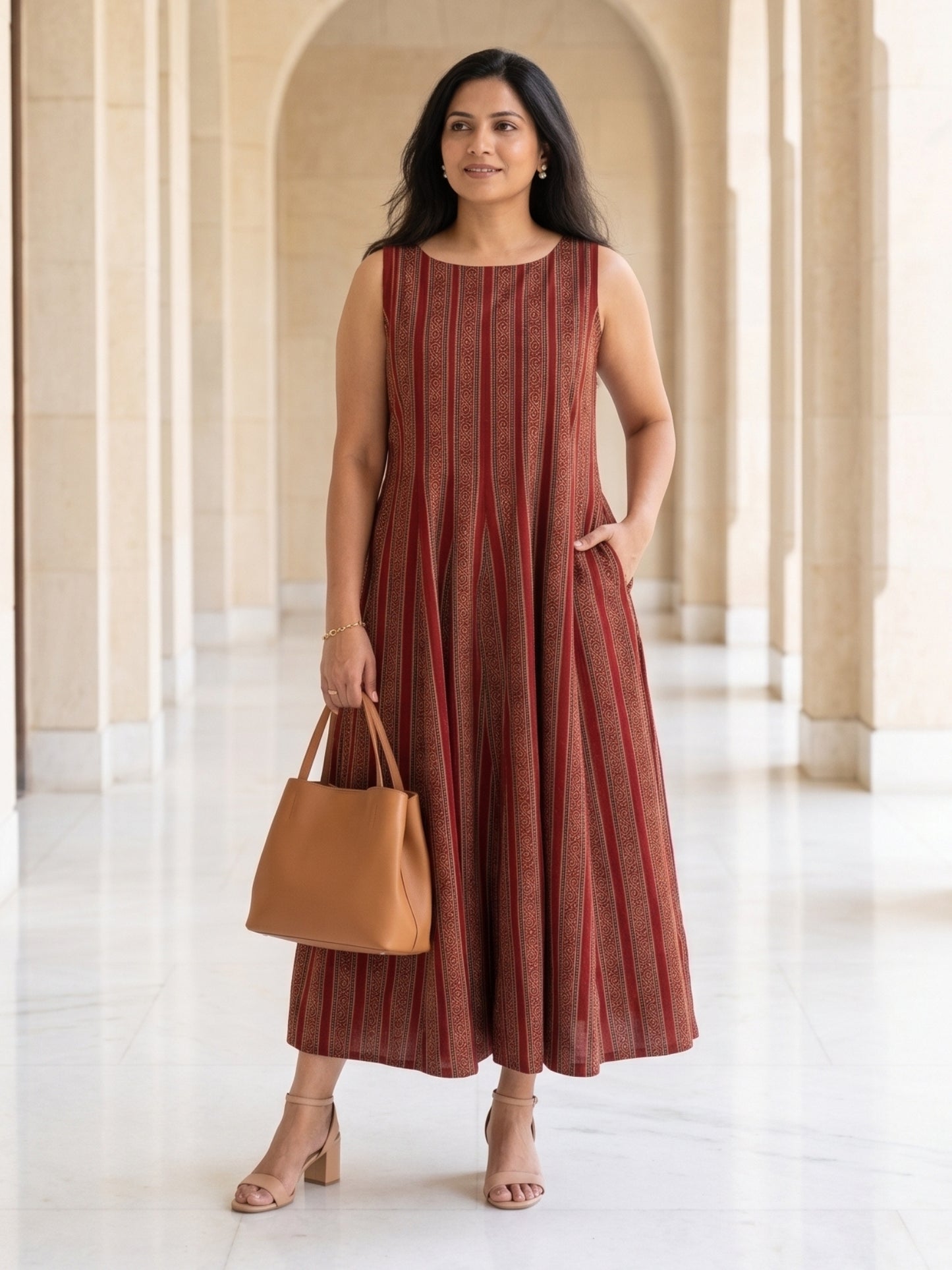 Maroon Striped Ankle length cotton maxi dresses for women by Darzaania